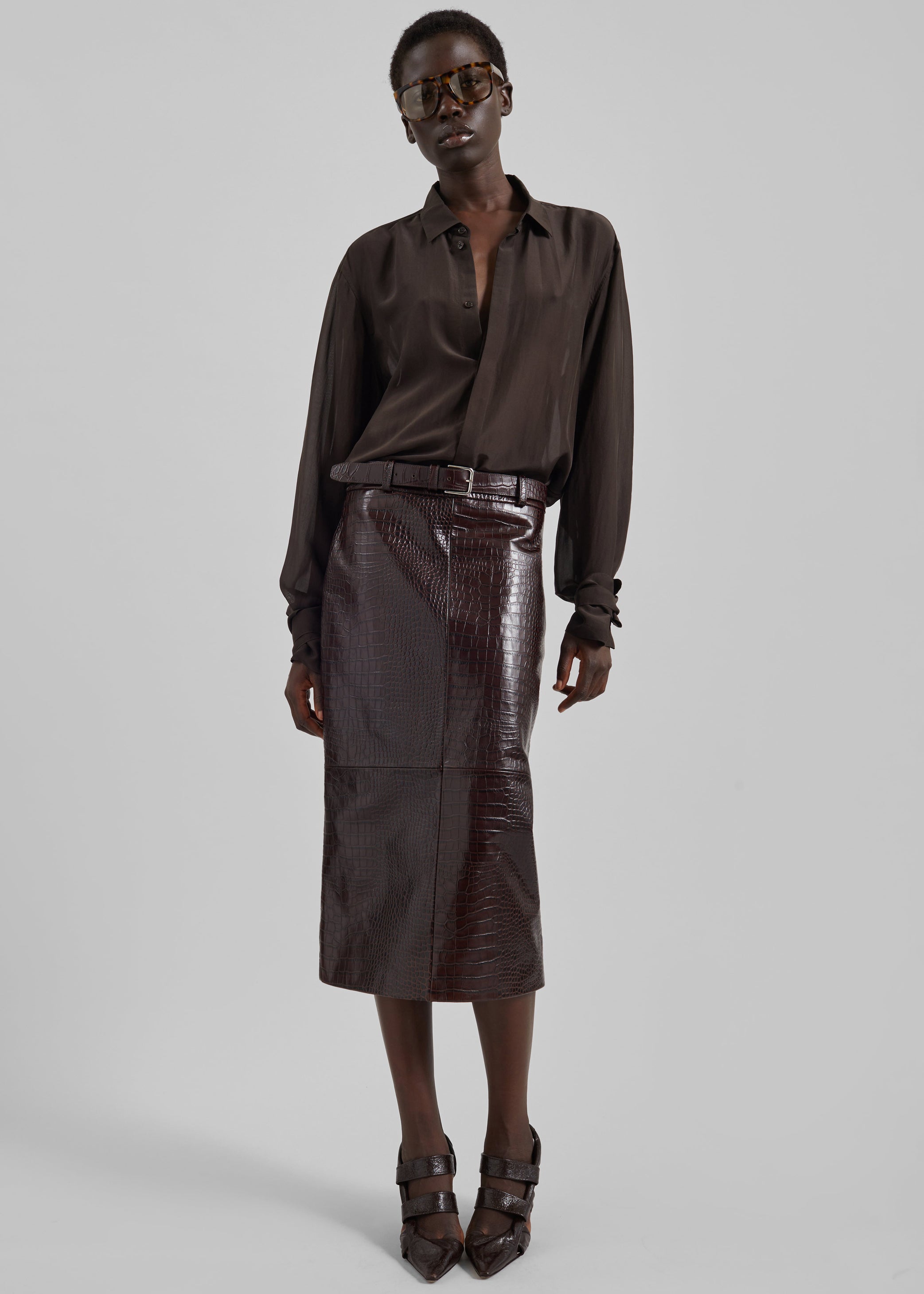 Shop the look image for Verlin Sheer Chiffon Tie Cuff Shirt - Dark Brown