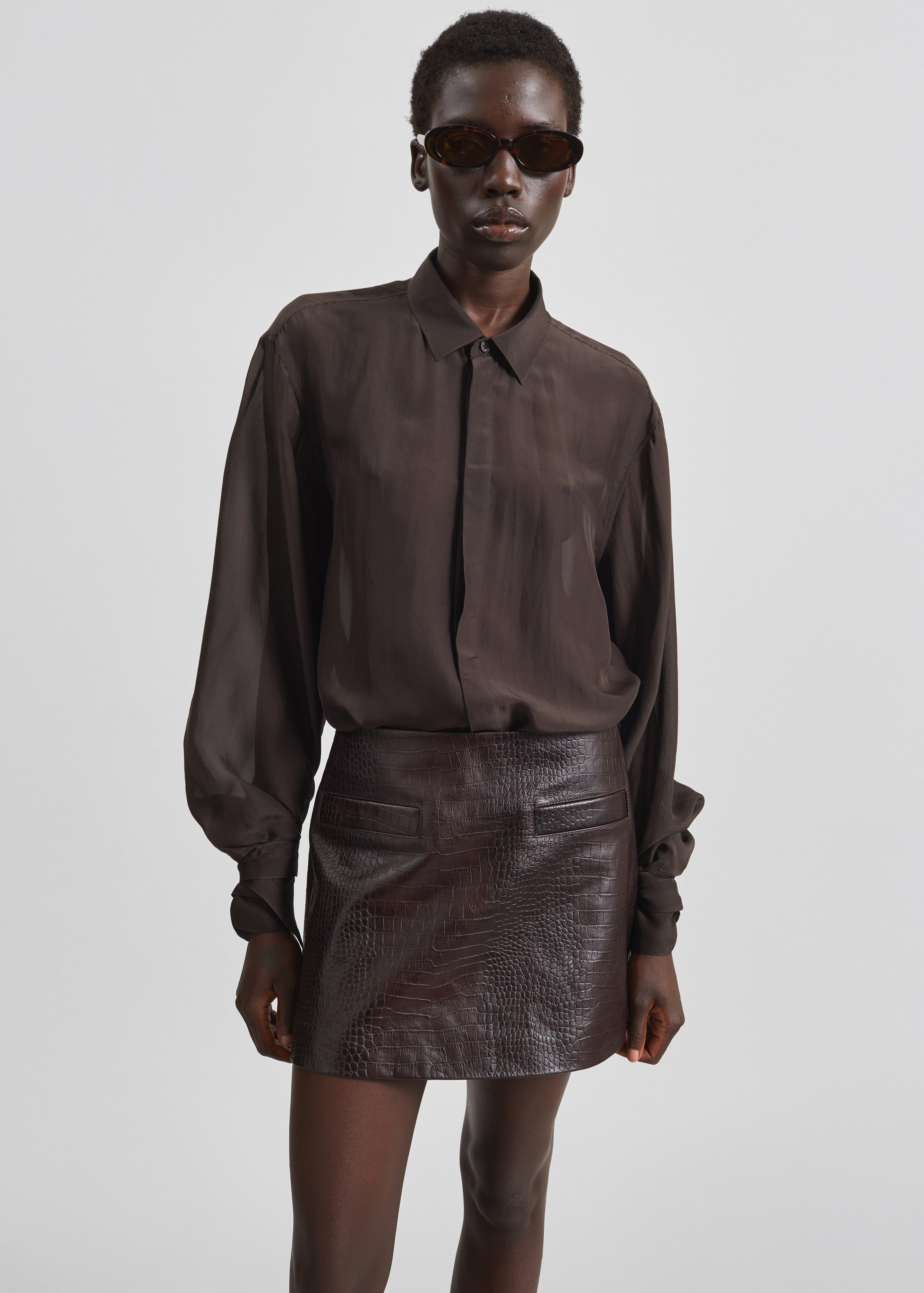 Verlin Sheer Chiffon Tie Cuff Shirt - Dark Brown – The Frankie Shop