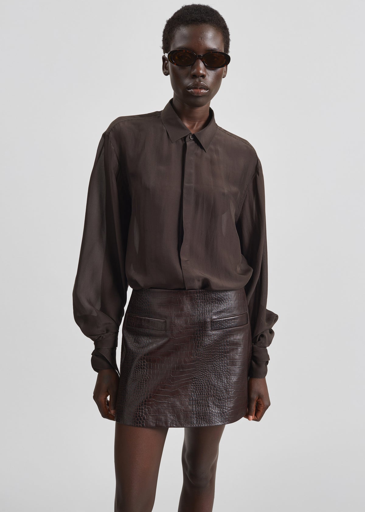 Verlin Sheer Chiffon Tie Cuff Shirt - Dark Brown - 4
