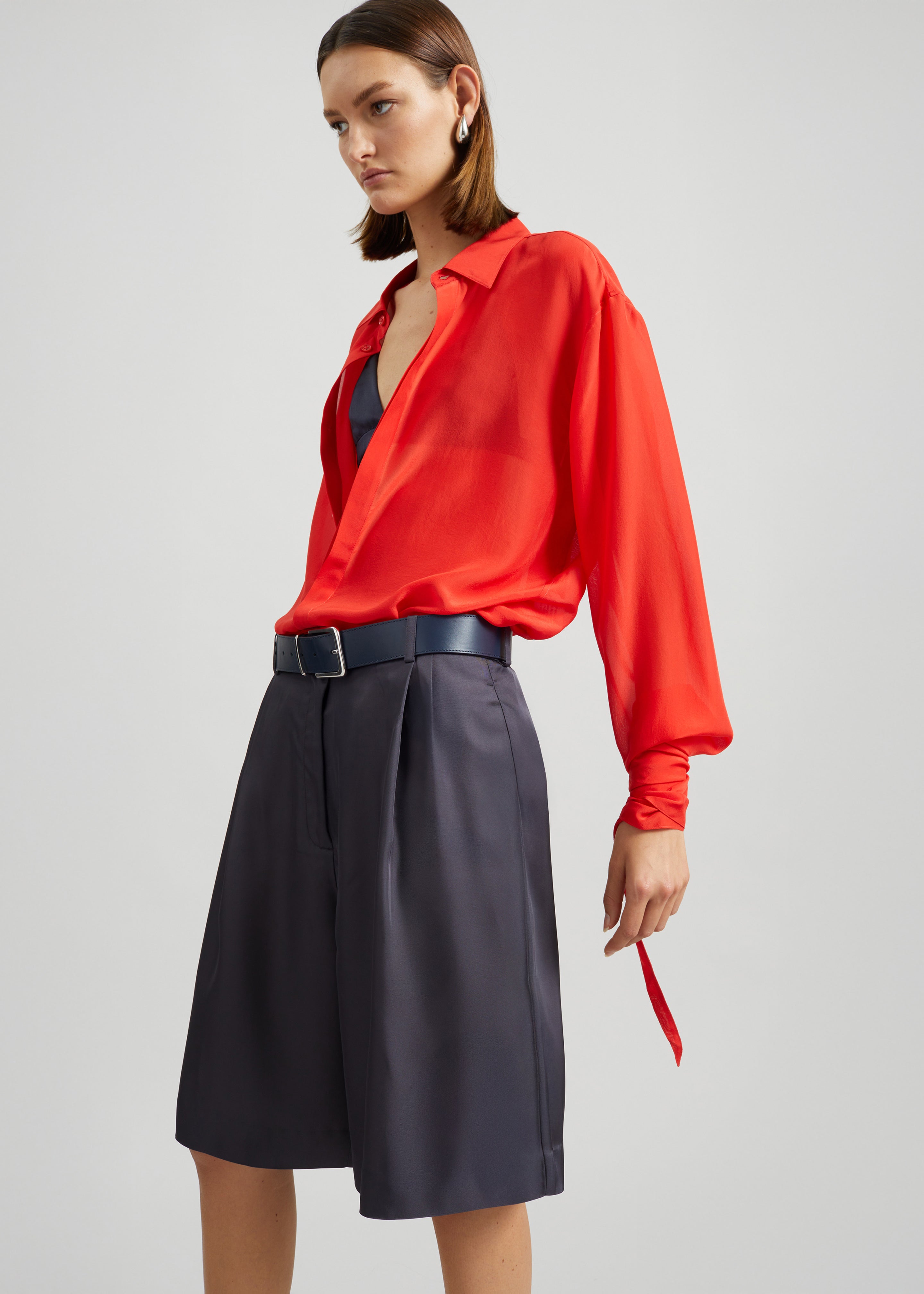 Verlin Sheer Chiffon Tie Cuff Shirt - Red - 3