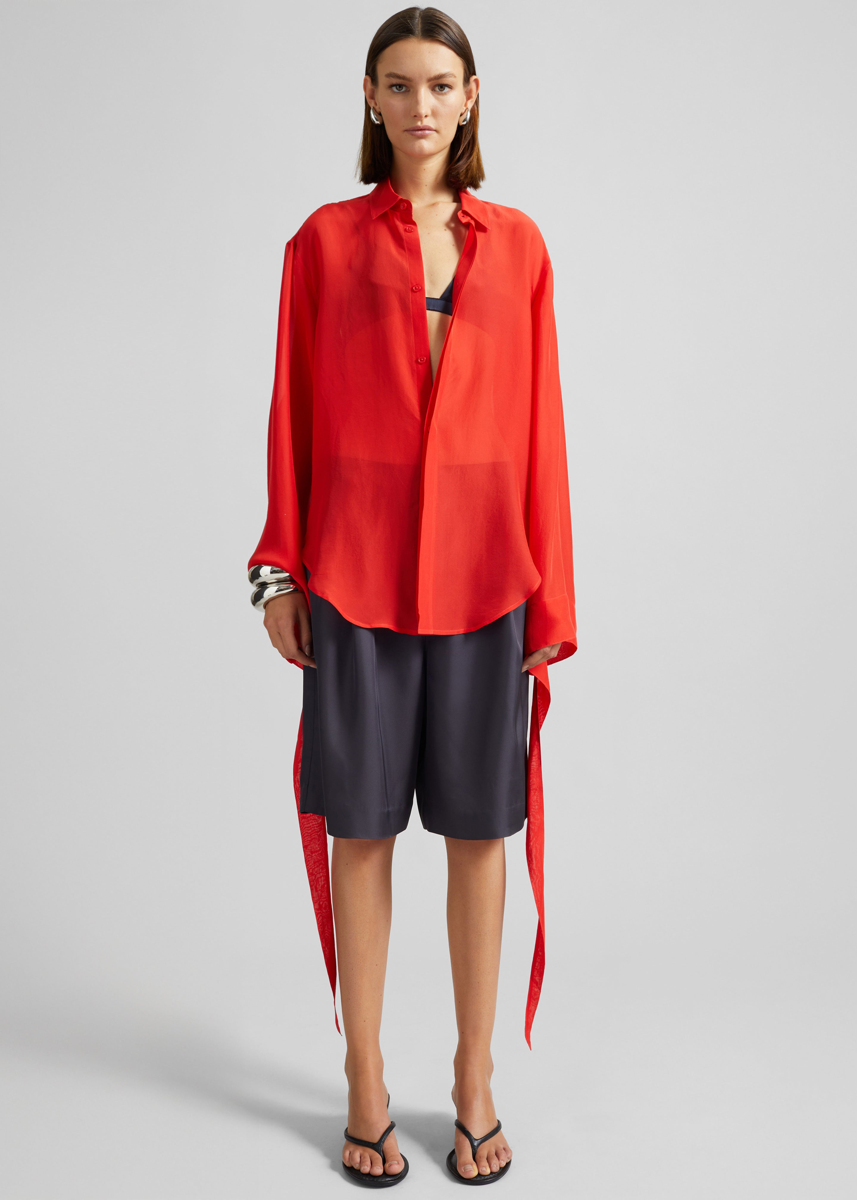 Verlin Sheer Chiffon Tie Cuff Shirt - Red - 2