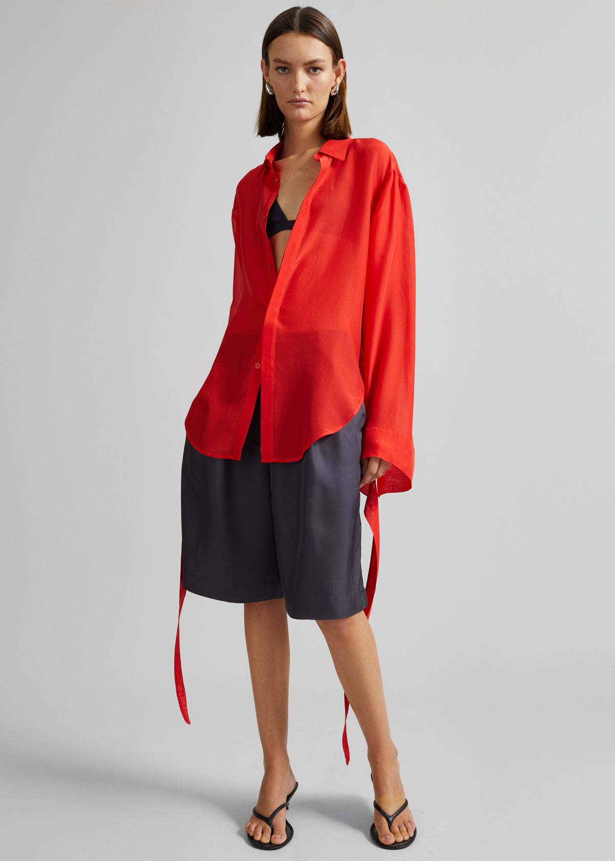 Verlin Sheer Chiffon Tie Cuff Shirt - Red - 5