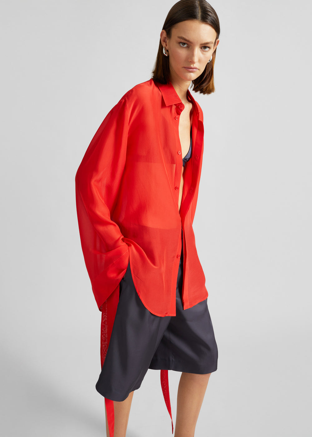 Verlin Sheer Chiffon Tie Cuff Shirt - Red