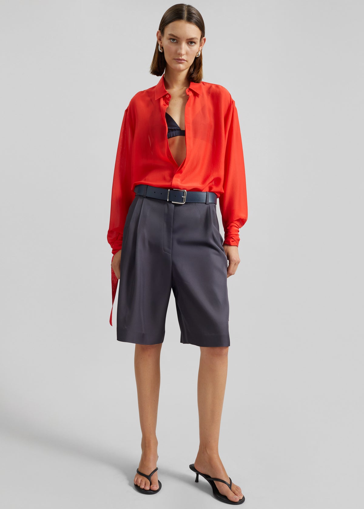 Verlin Sheer Chiffon Tie Cuff Shirt - Red - 7