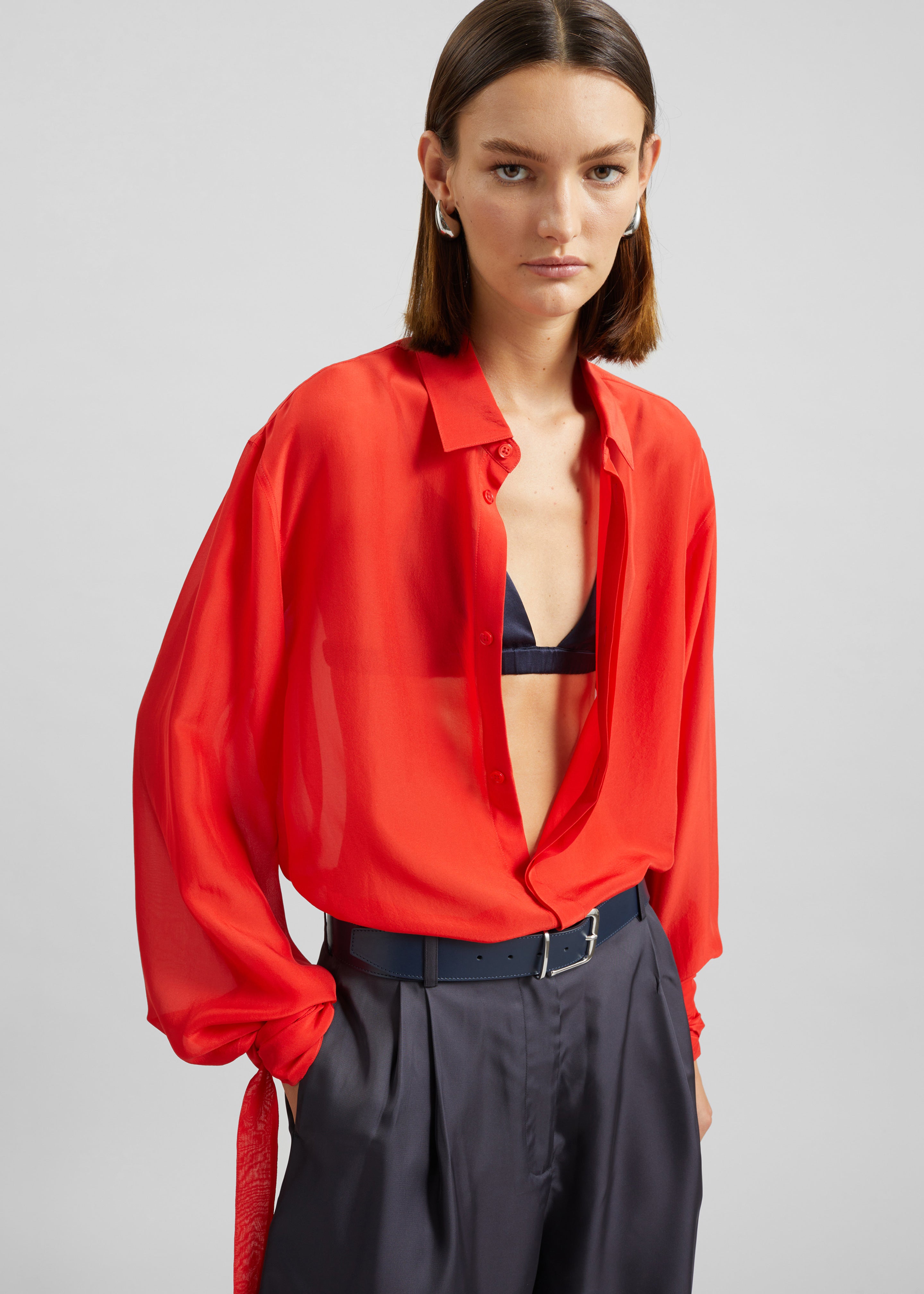 Verlin Sheer Chiffon Tie Cuff Shirt - Red - 6