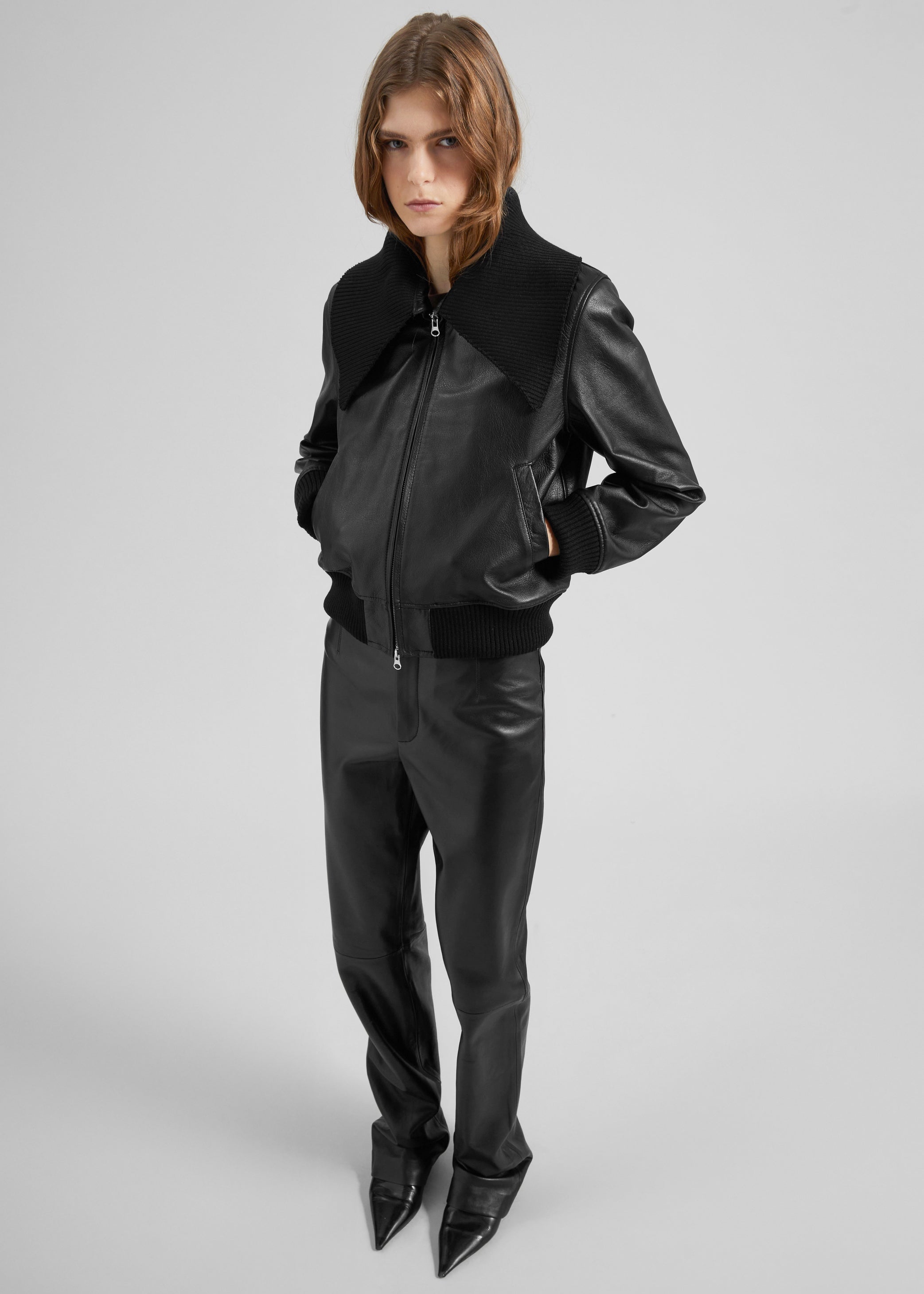Shop the look image for Vidsel Leather Bomber Jacket - Black