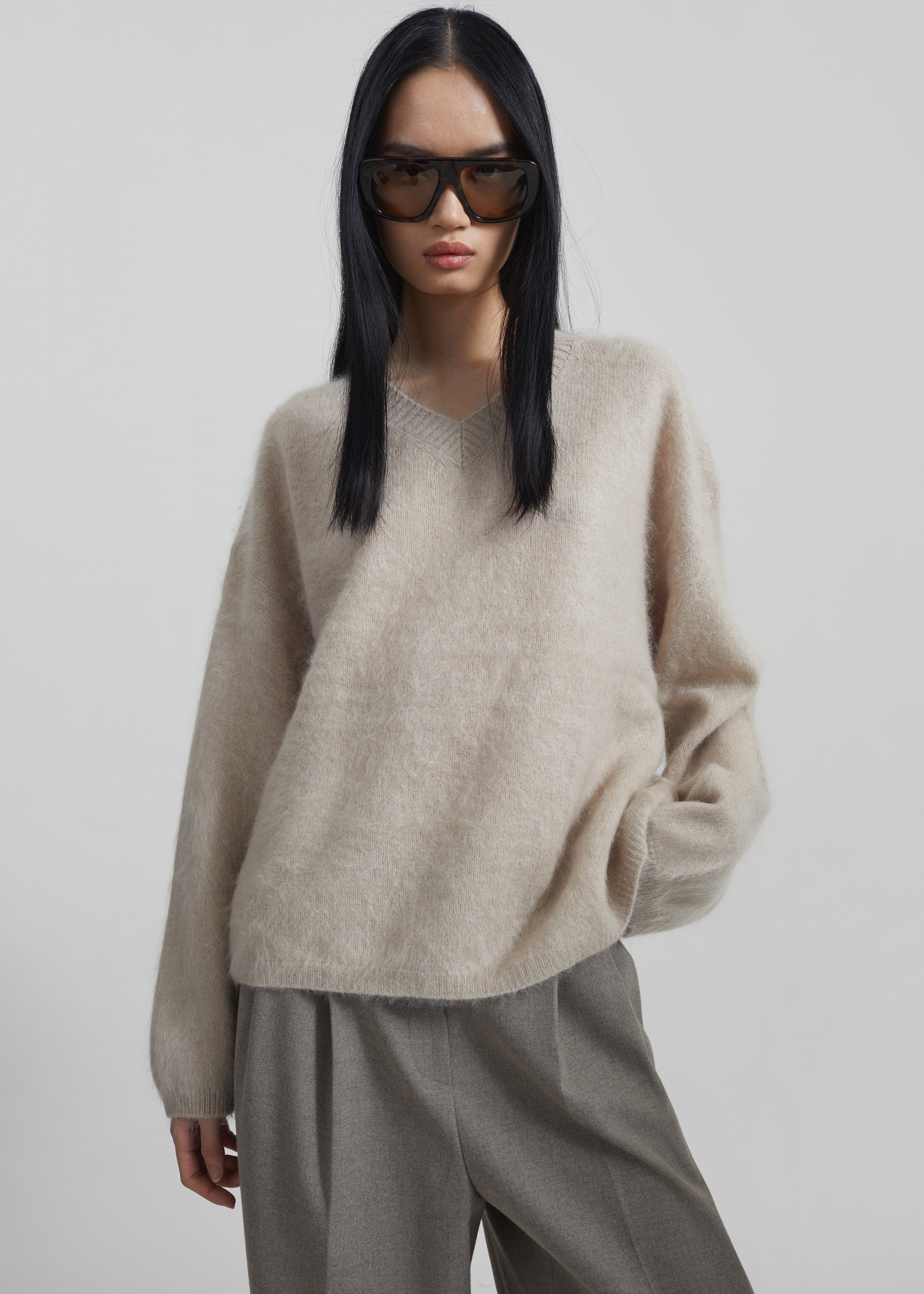 Vilhena Wool Fuzzy V-Neck Sweater - Beige – The Frankie Shop