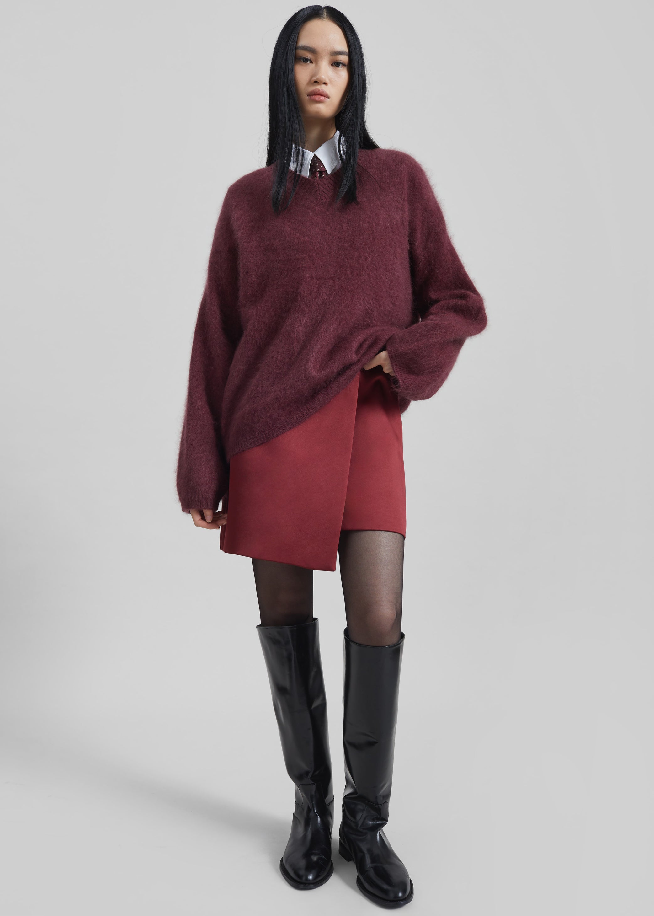 Shop the look image for Vilhena Wool Fuzzy V-Neck Sweater - Burgundy