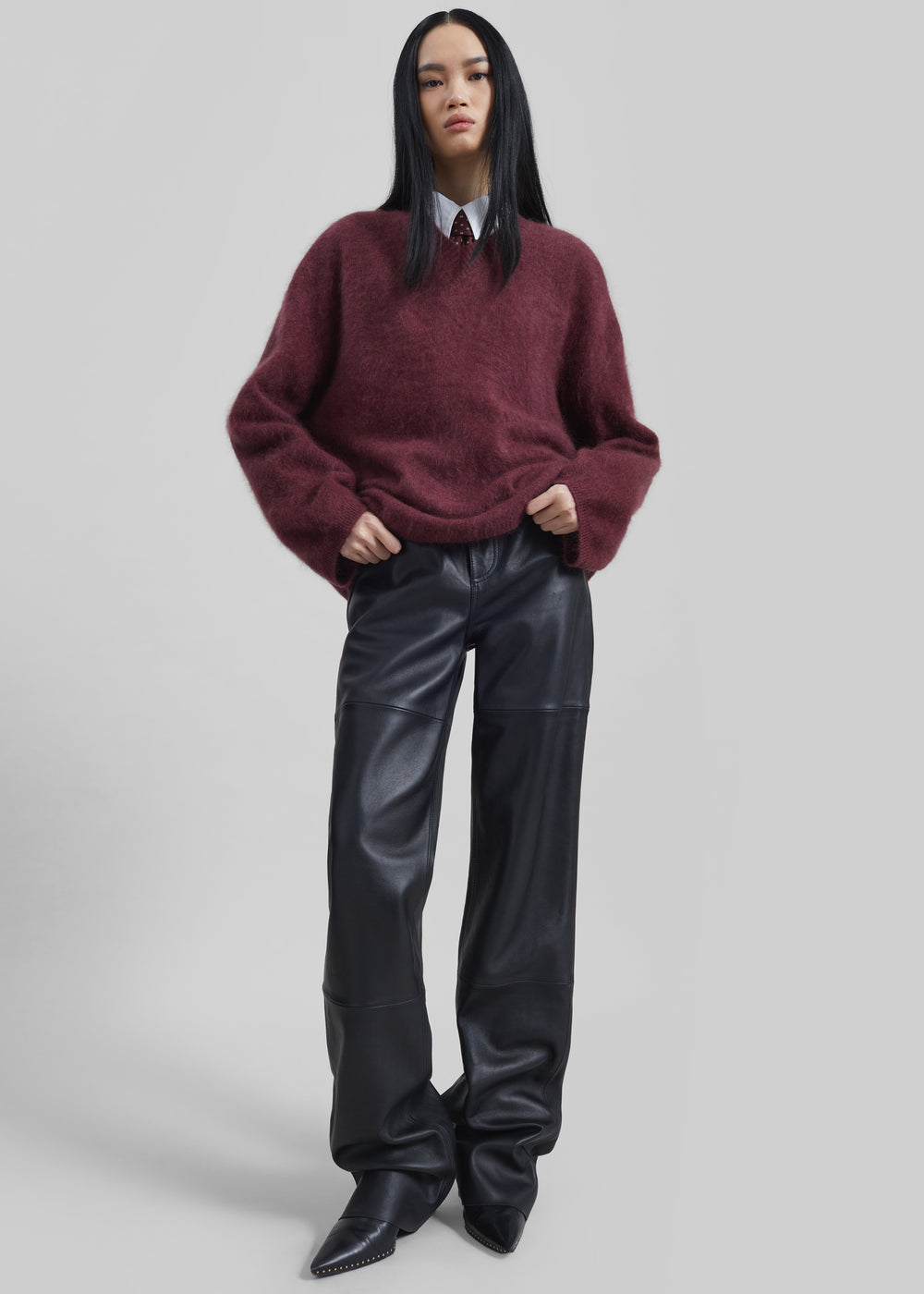 Vilhena Wool Fuzzy V-Neck Sweater - Burgundy - 1