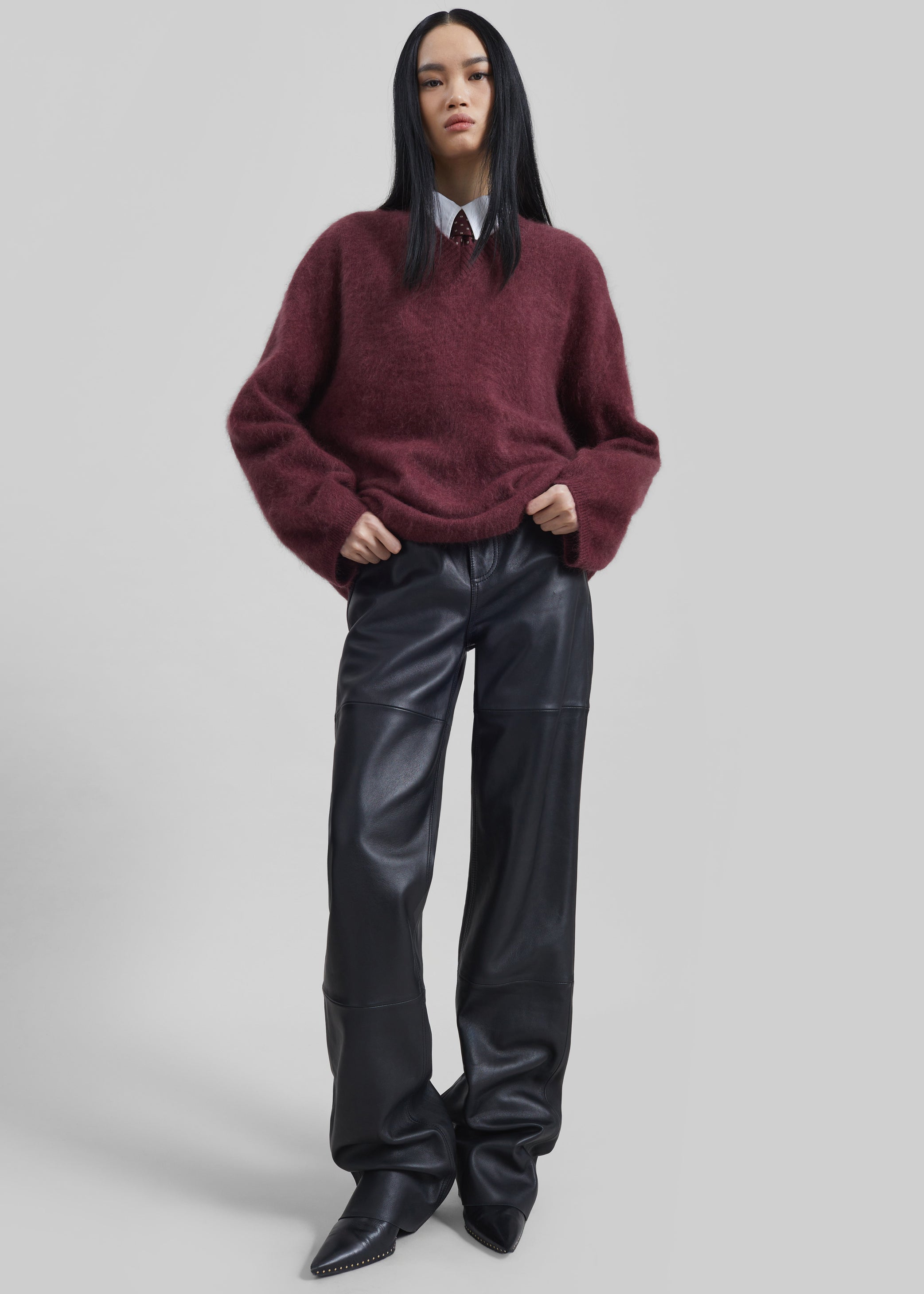 Shop the look image for Vilhena Wool Fuzzy V-Neck Sweater - Burgundy