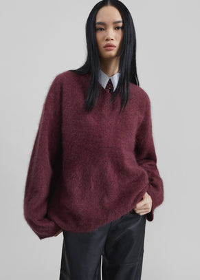 Vilhena Wool Fuzzy V-Neck Sweater - Burgundy