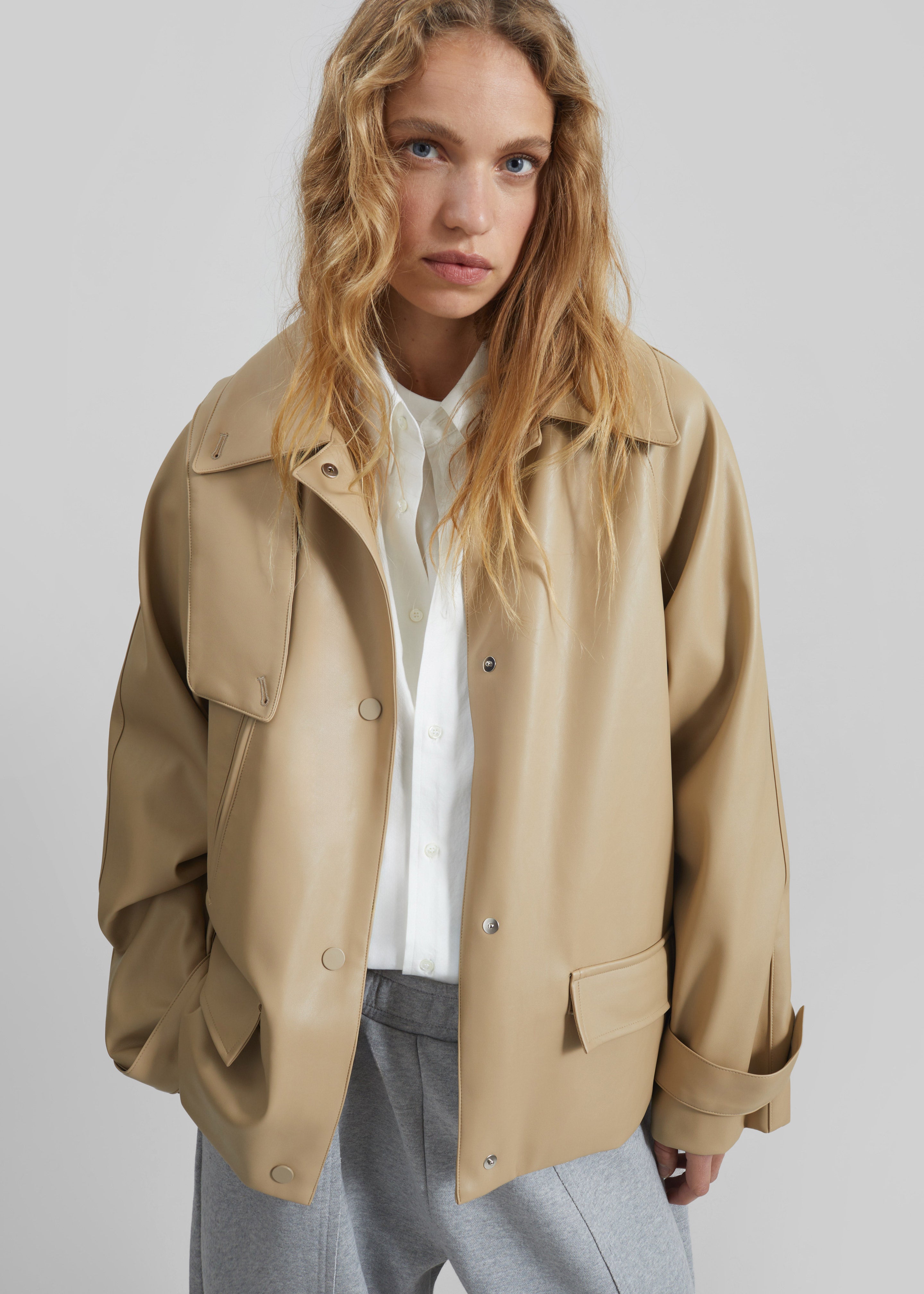 Viran Faux Leather Belted Jacket - Beige – The Frankie Shop
