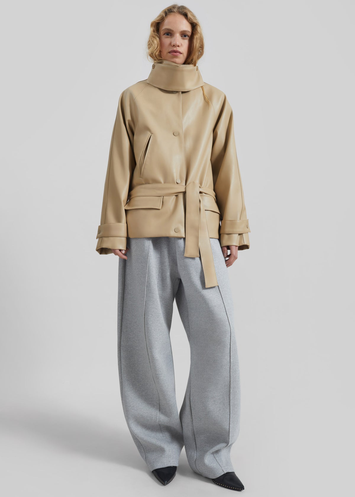 Viran Faux Leather Belted Jacket - Beige - 1