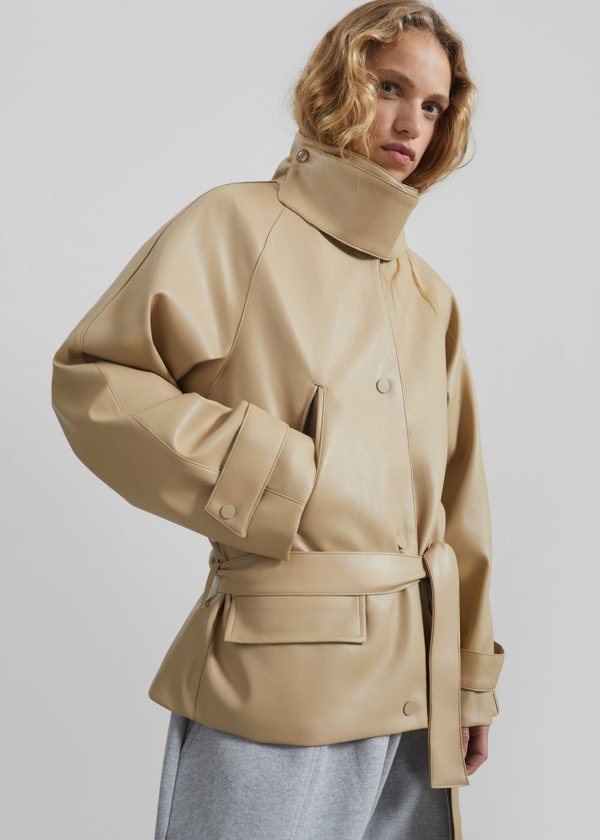 Viran Faux Leather Belted Jacket - Beige - 4