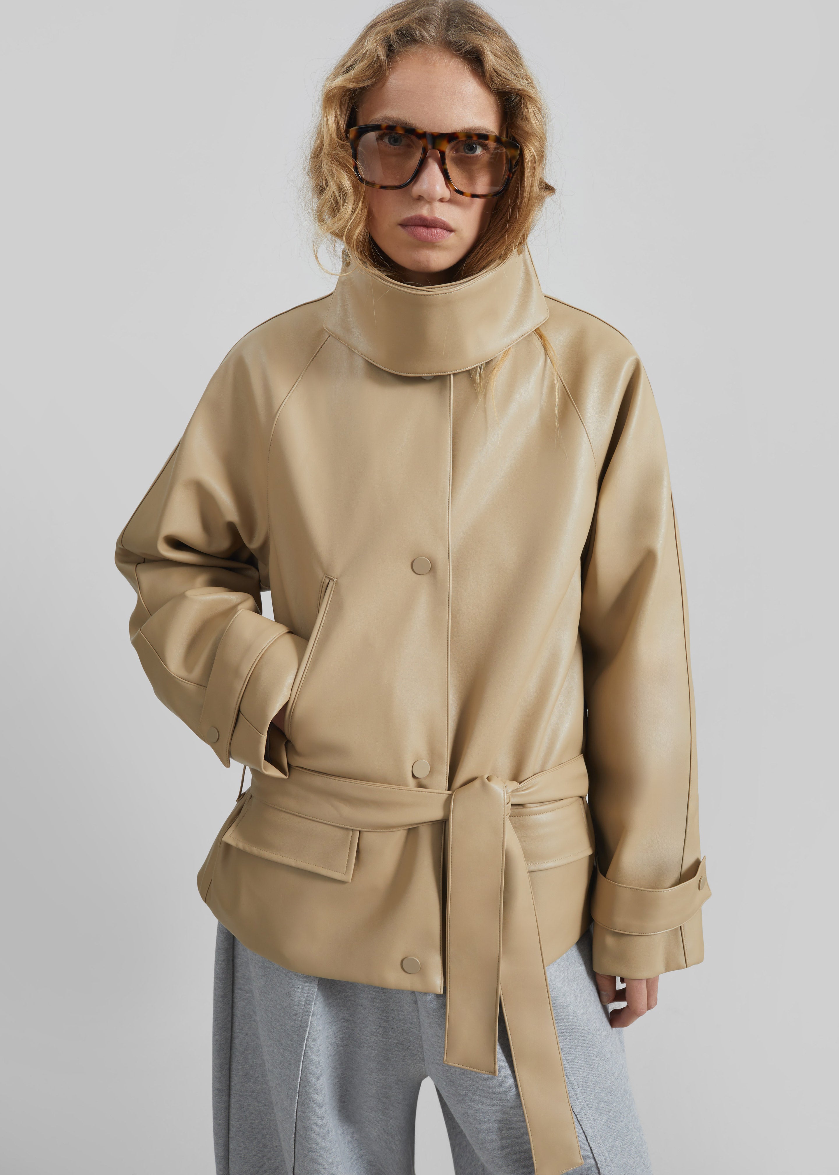 Viran Faux Leather Belted Jacket - Beige - 2