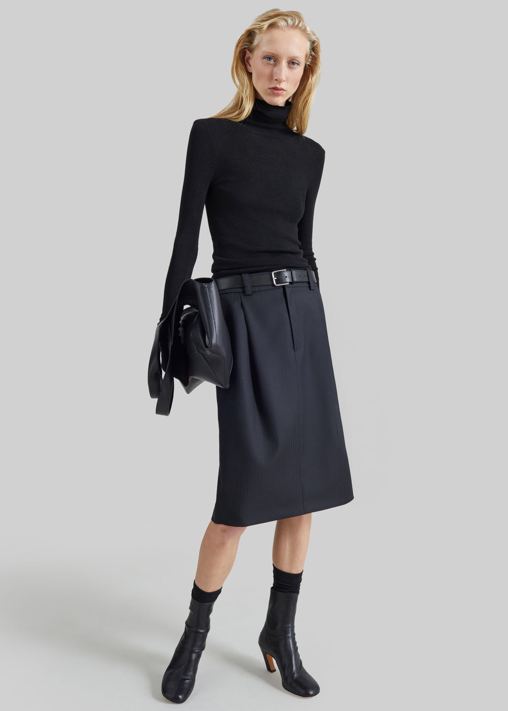 Viviana Chevron Tailored Midi Skirt - Black