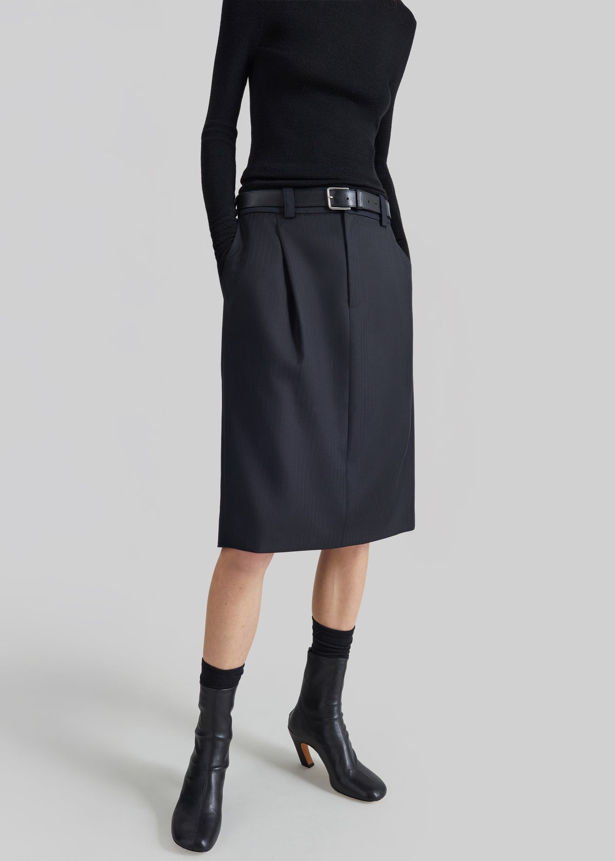 Viviana Chevron Tailored Midi Skirt - Black