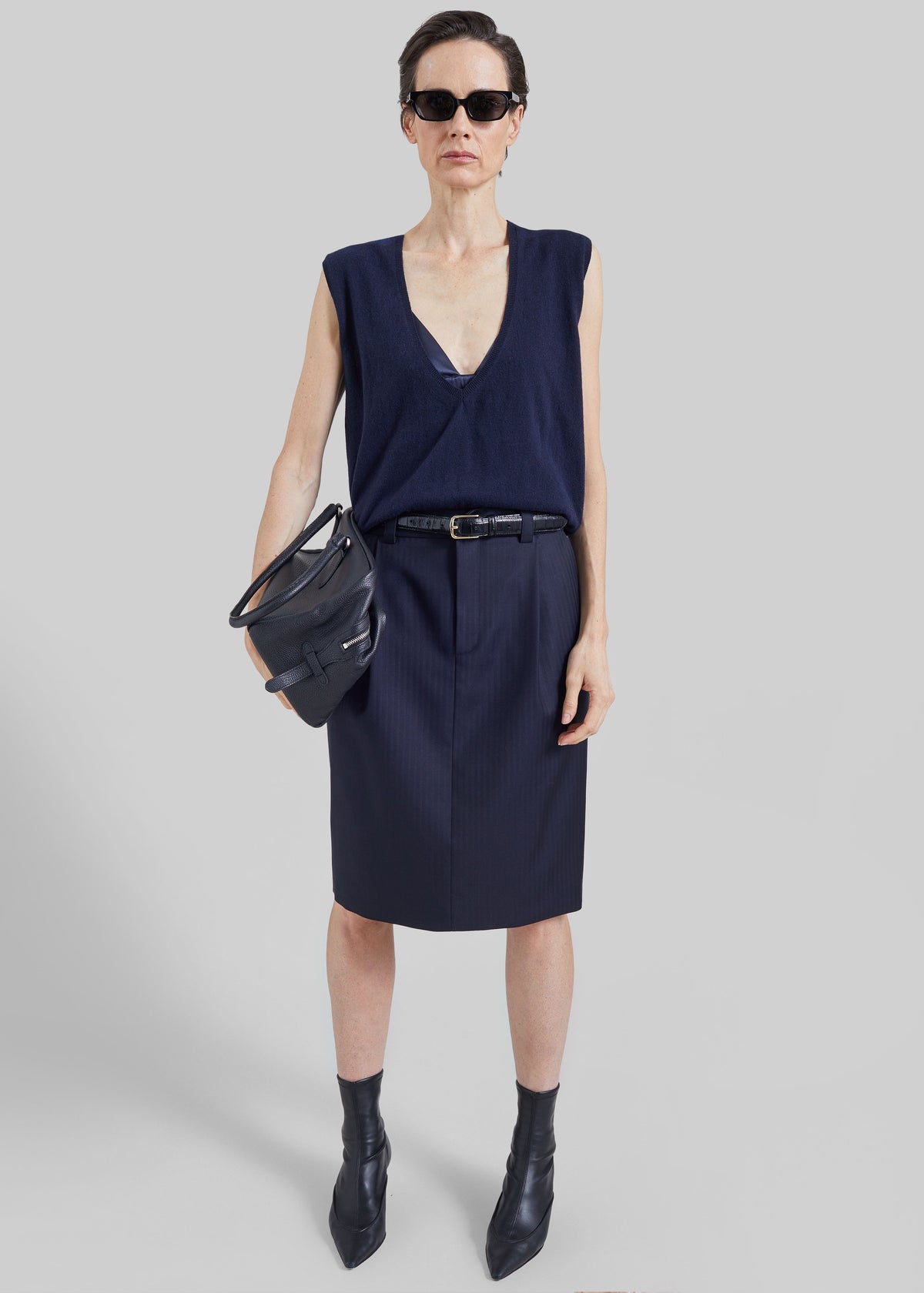 Viviana Chevron Tailored Midi Skirt - Dark Navy