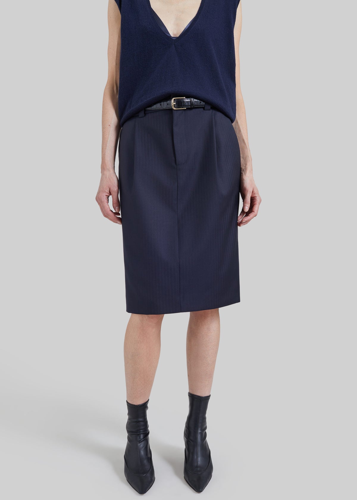 Viviana Chevron Tailored Midi Skirt - Dark Navy