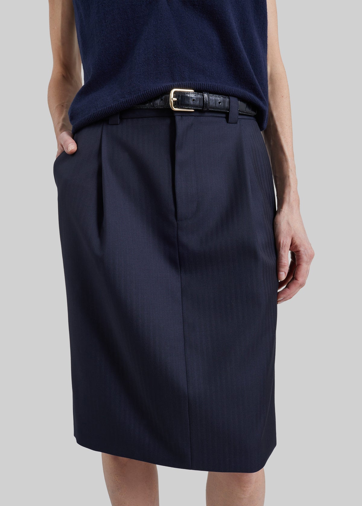 Viviana Chevron Tailored Midi Skirt - Dark Navy