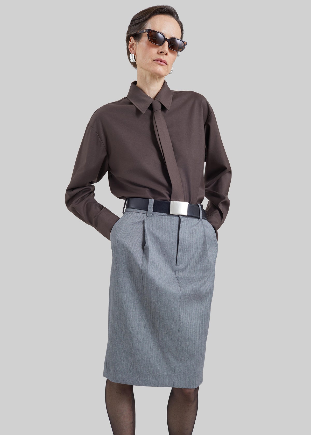 Viviana Chevron Tailored Midi Skirt - Grey