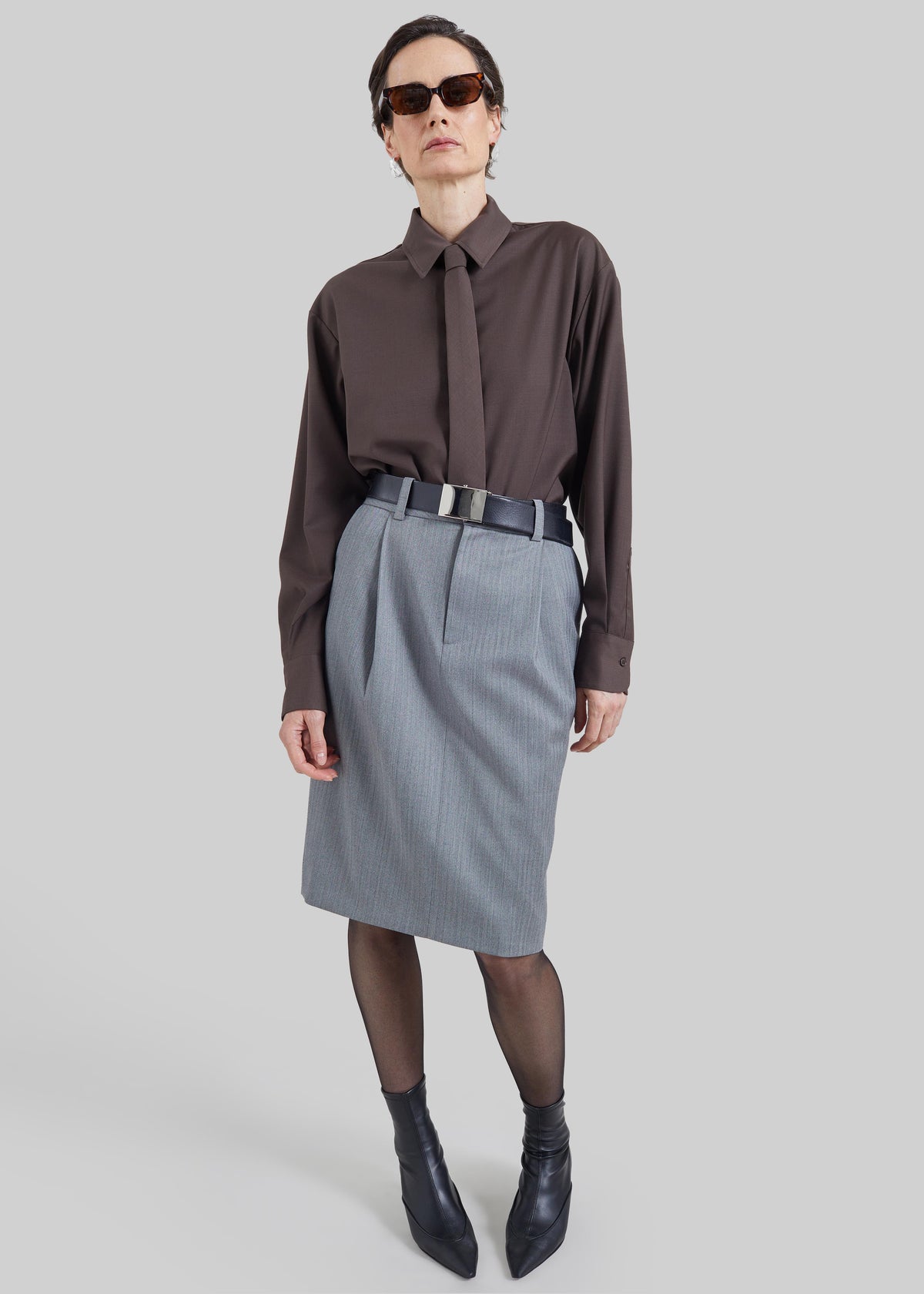Viviana Chevron Tailored Midi Skirt - Grey