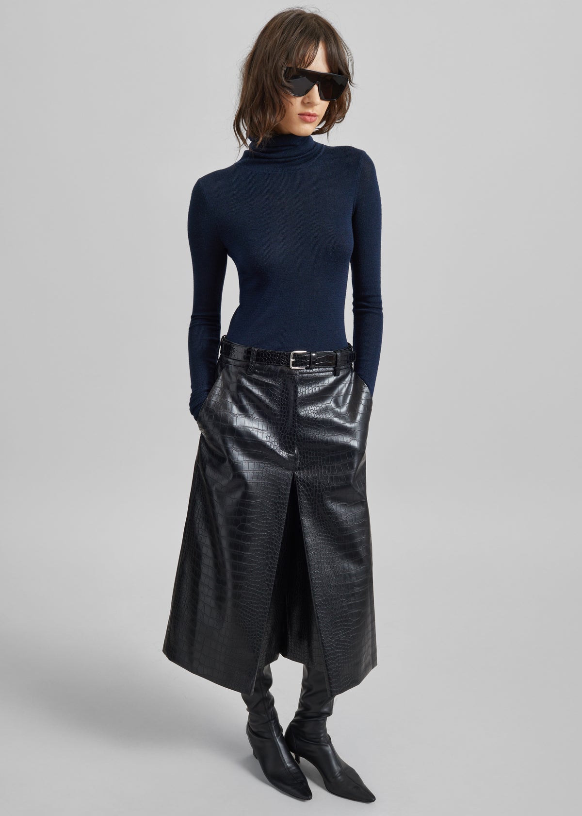 Vivonne Croc Faux Leather Culottes - Black - 4