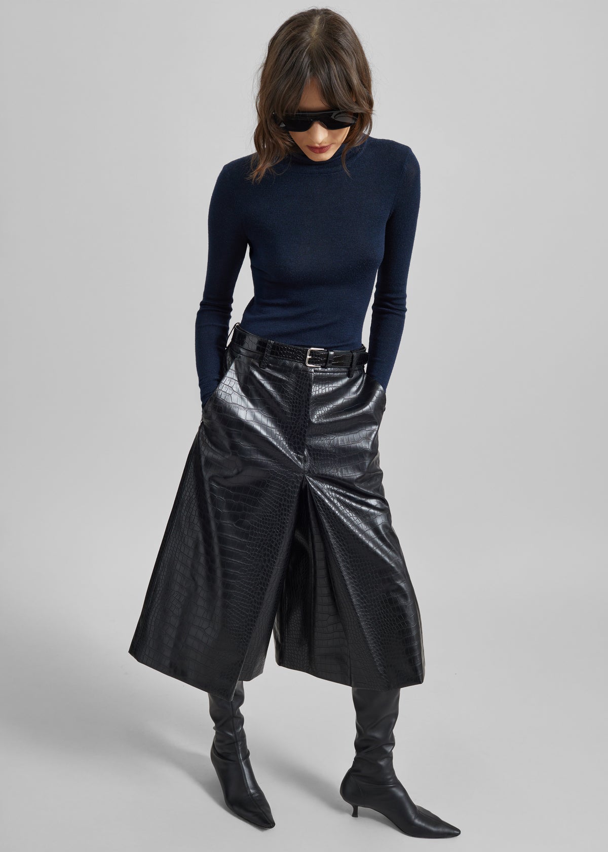 Vivonne Croc Faux Leather Culottes - Black - 1