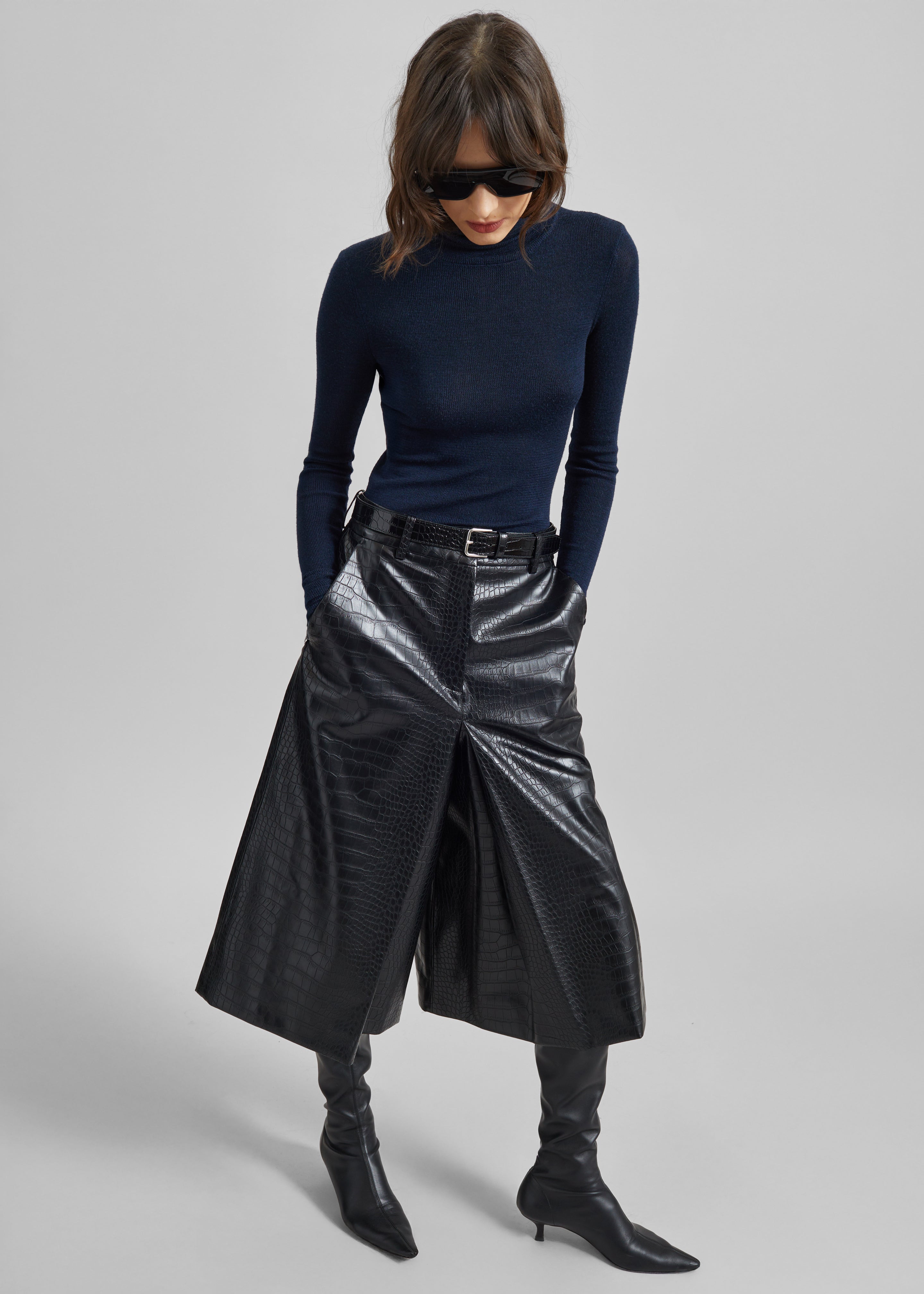 Vivonne Croc Faux Leather Culottes - Black - 1