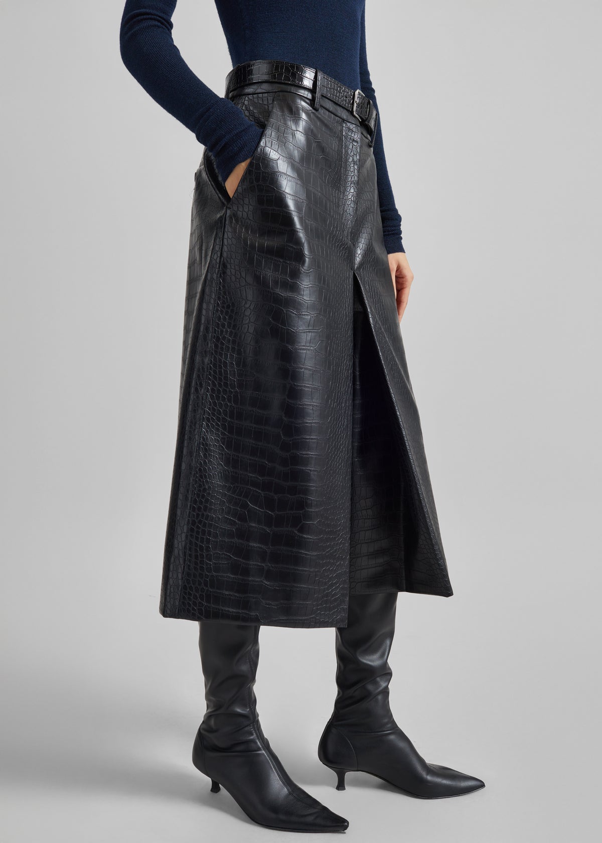 Vivonne Croc Faux Leather Culottes - Black - 3