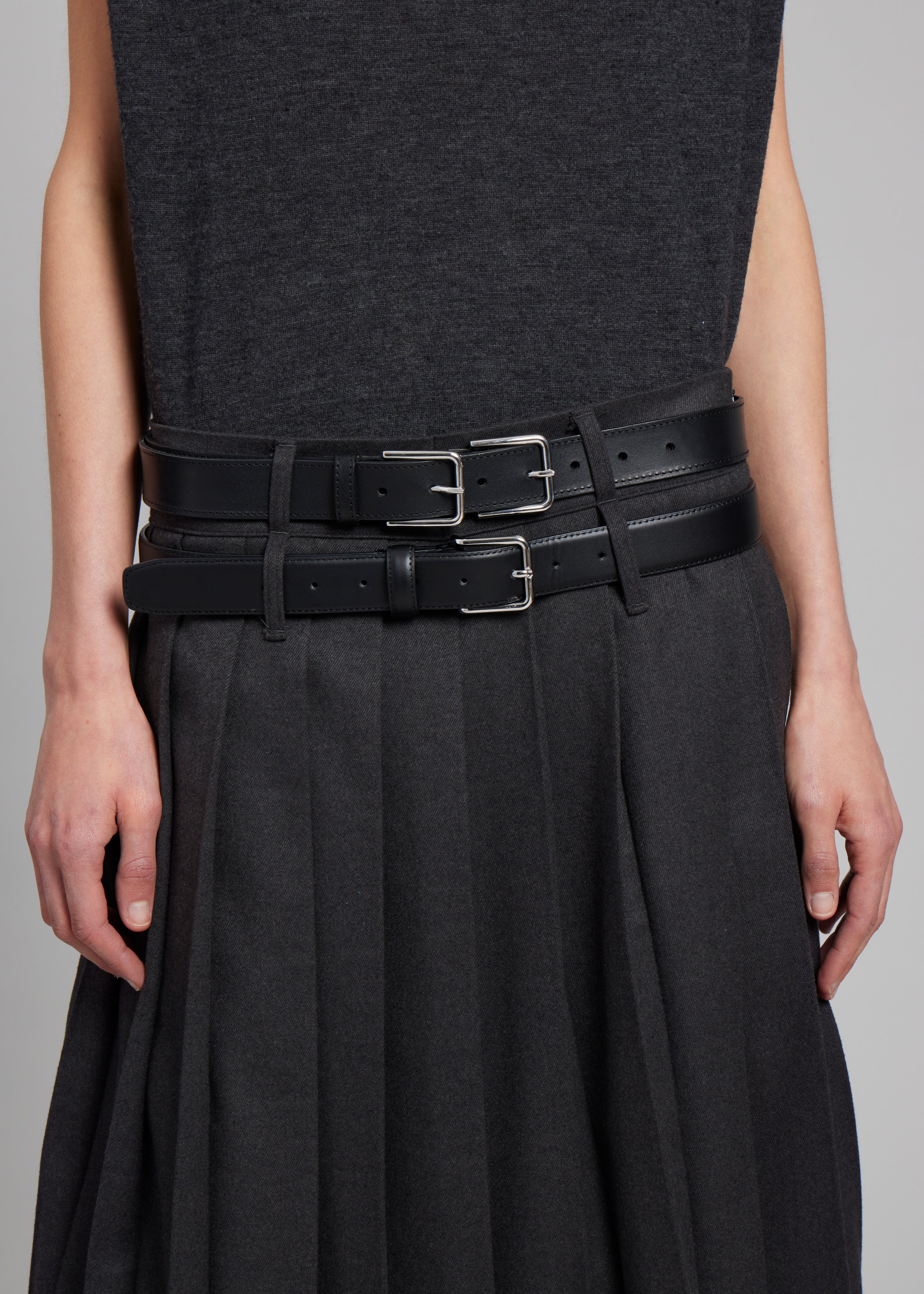 Willow Double Buckle Leather Belt - Black - 3