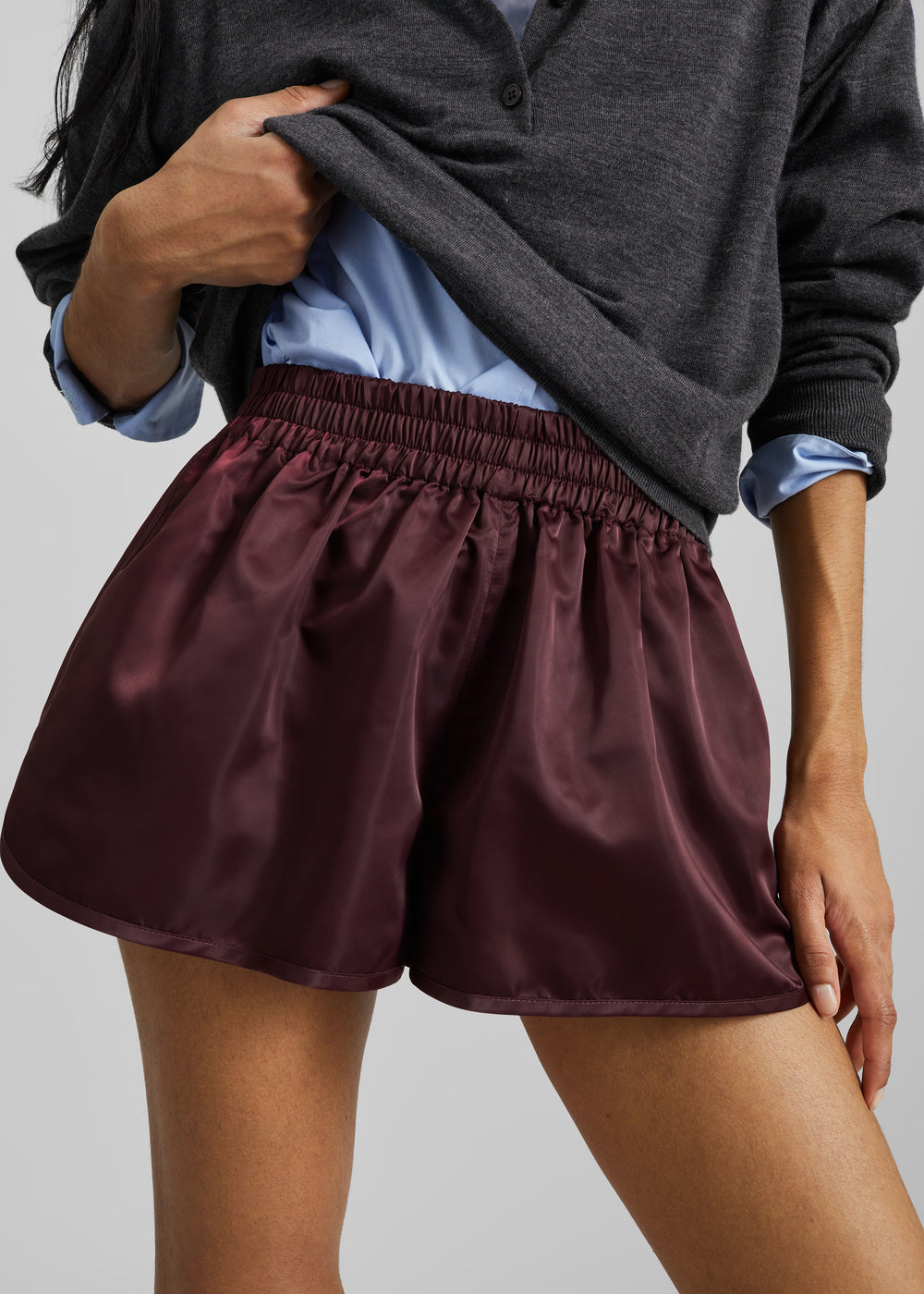 Zafra Satin Mini Shorts - Dark Plum - 1