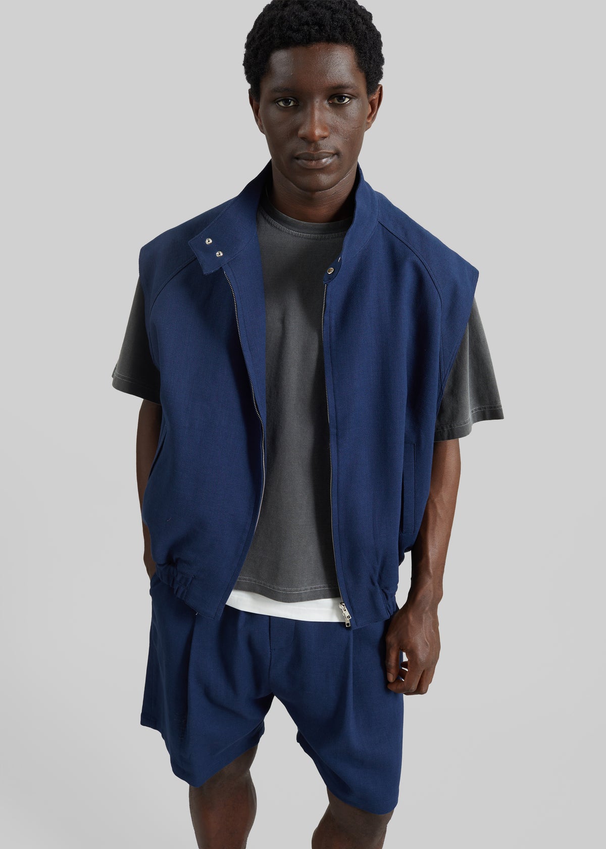 Zave Linen Sleeveless Jacket - Navy - 5