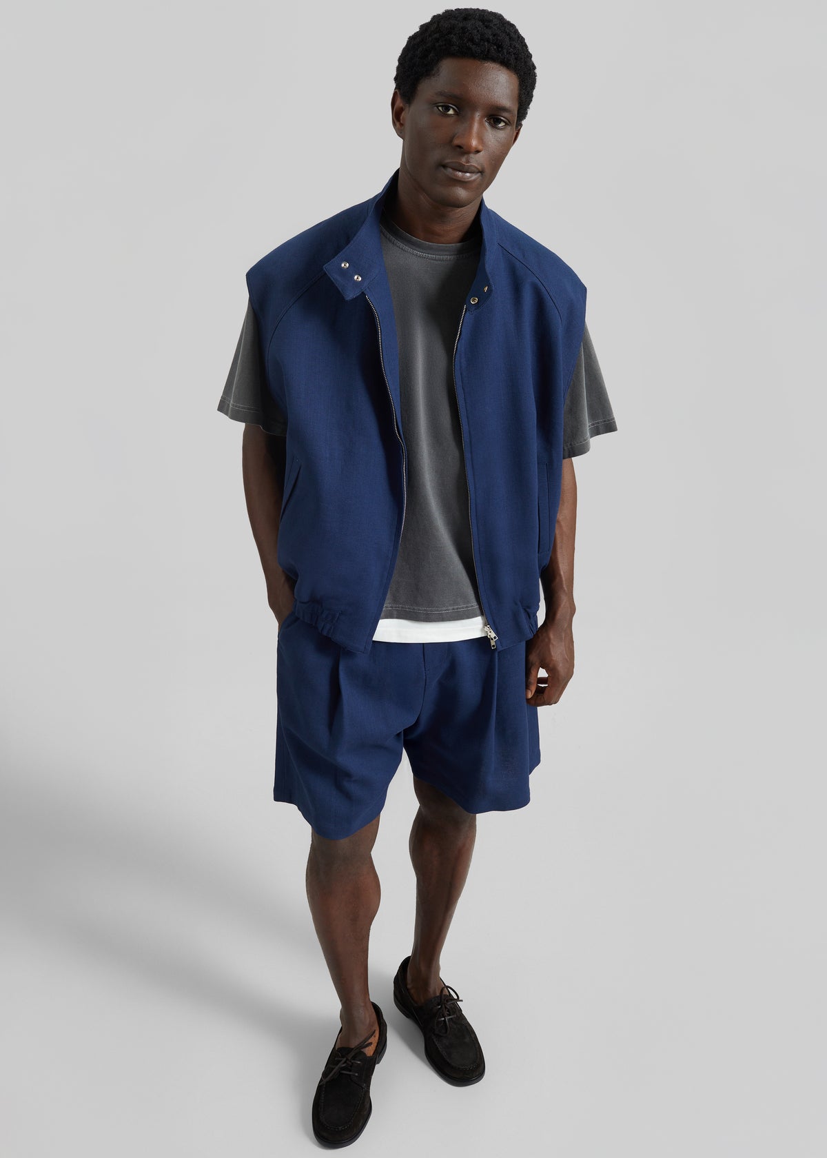 Zave Linen Sleeveless Jacket - Navy - 3