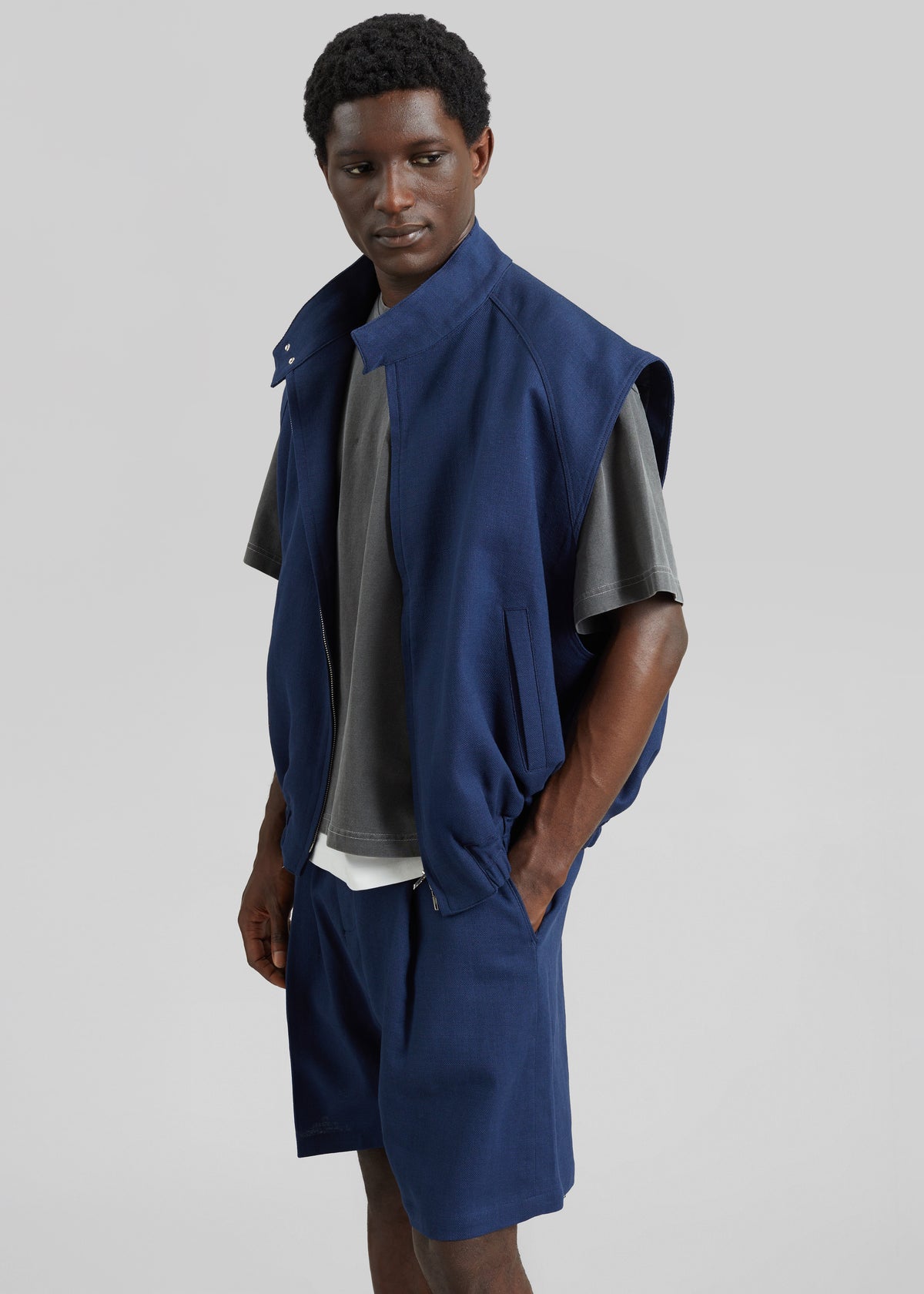 Zave Linen Sleeveless Jacket - Navy - 2