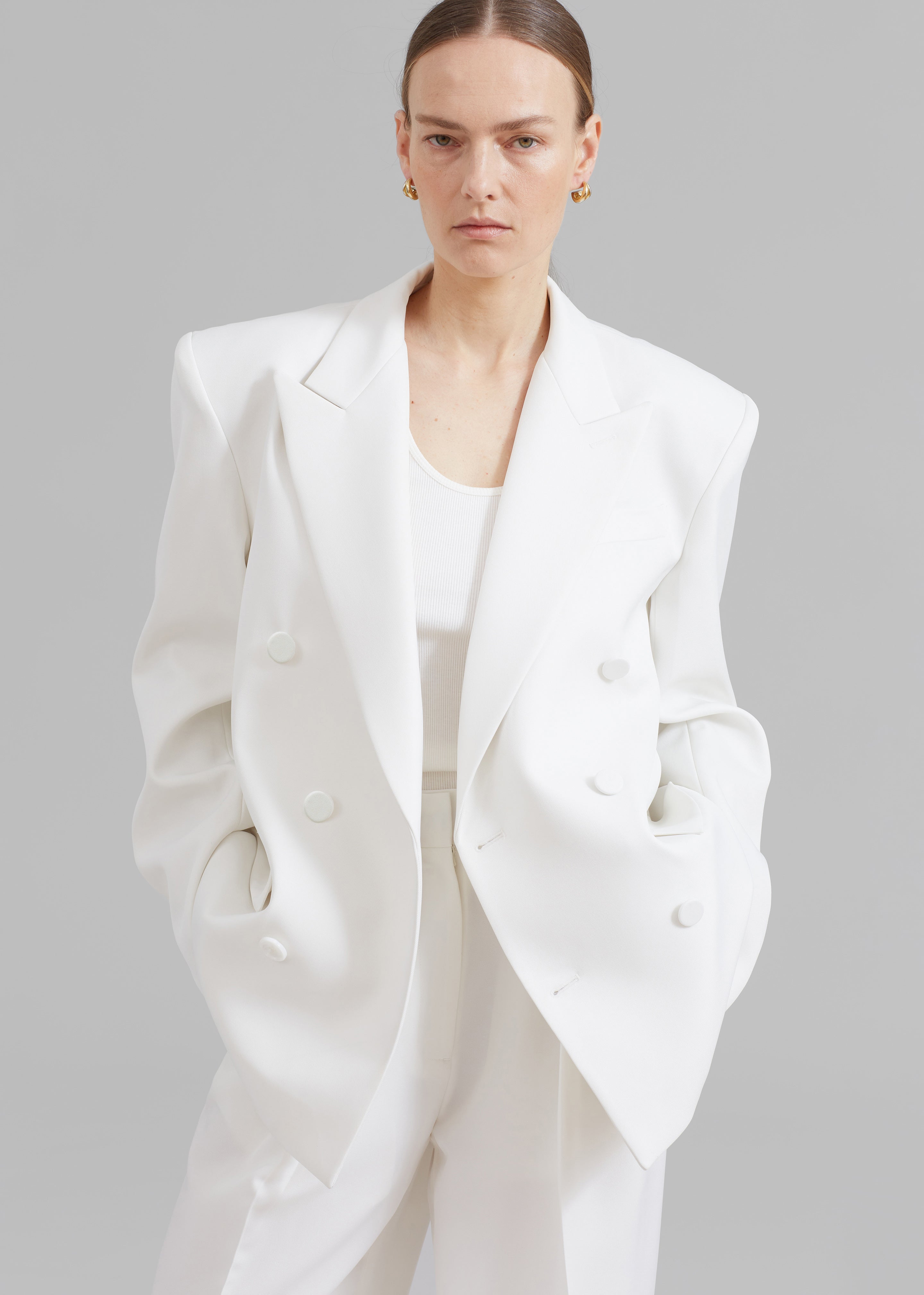 Zia Covered Buttons Blazer - White - 5