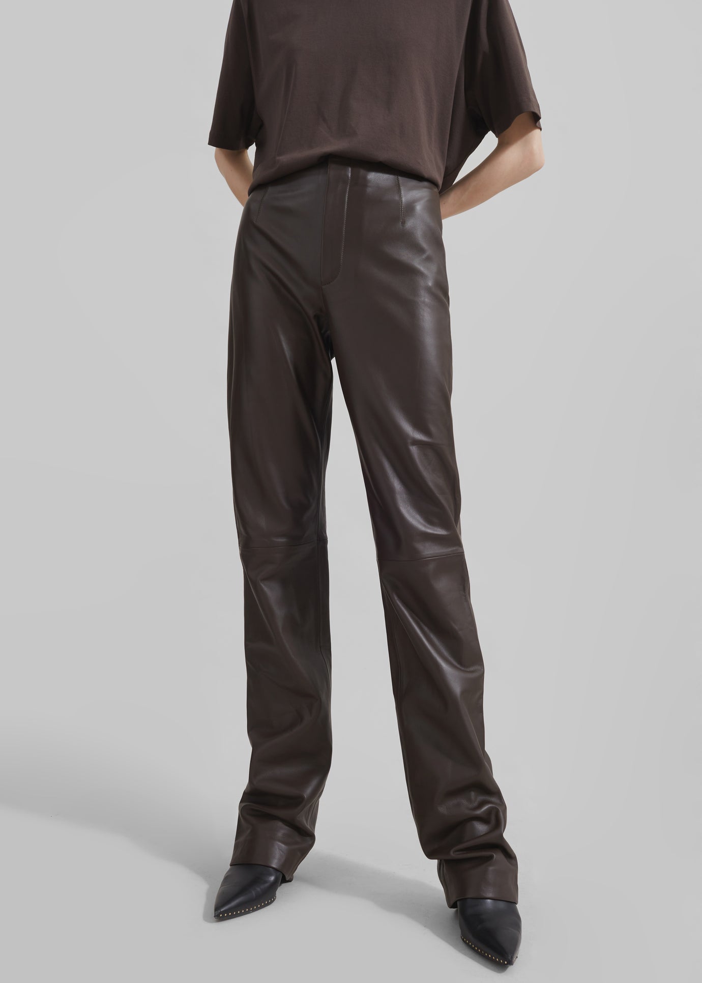 Ziggy Long Leather Pants - Brown - 1