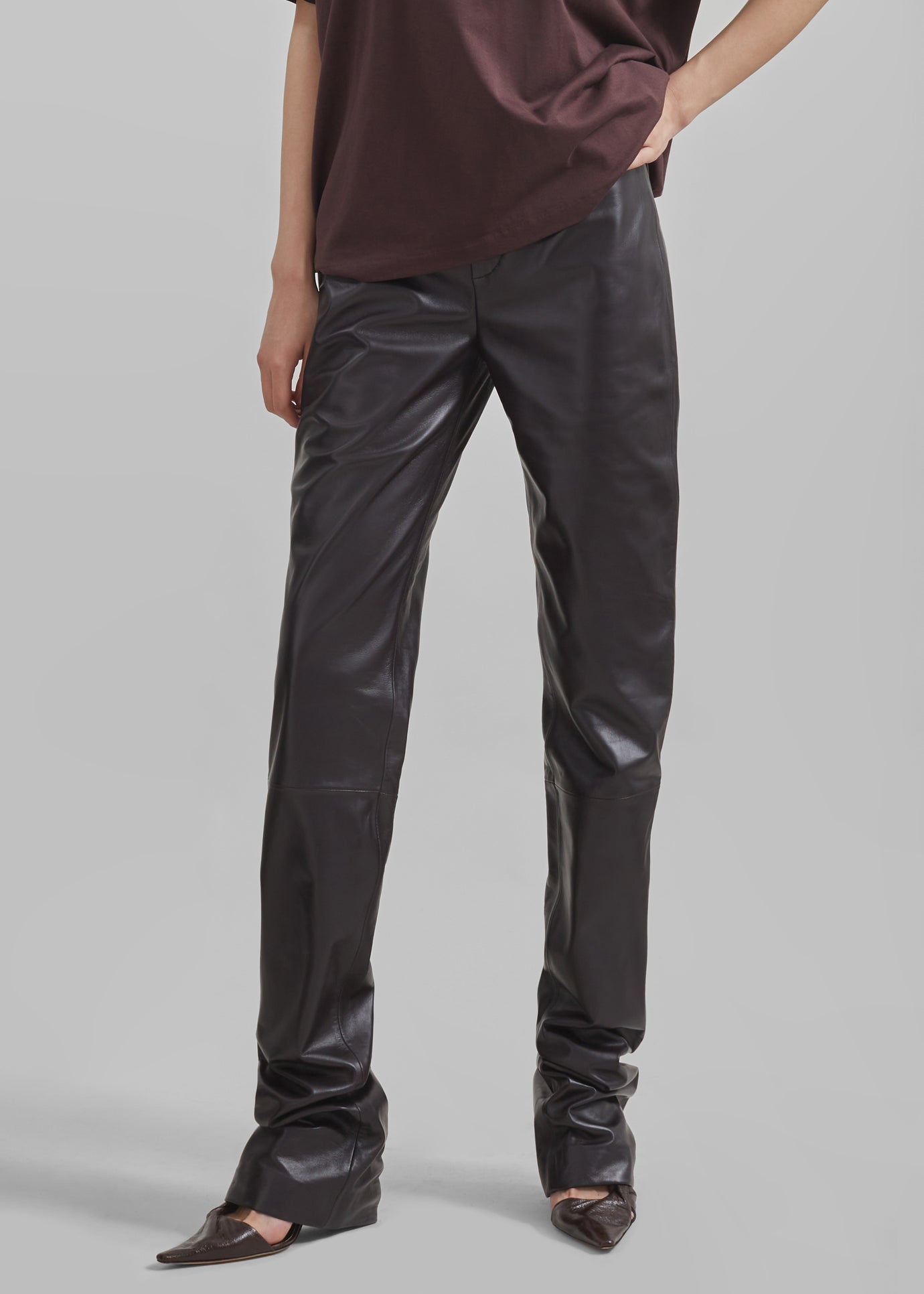 Ziggy Long Leather Pants - Dark Plum - 1