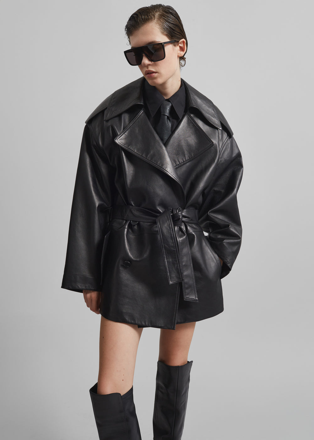 Zurich Oversized Faux Leather Short Trench - Black - 1