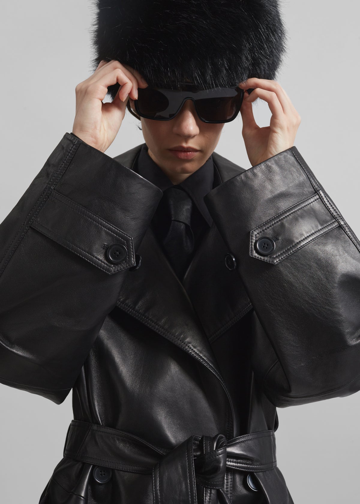 Zurich Oversized Faux Leather Short Trench - Black - 4