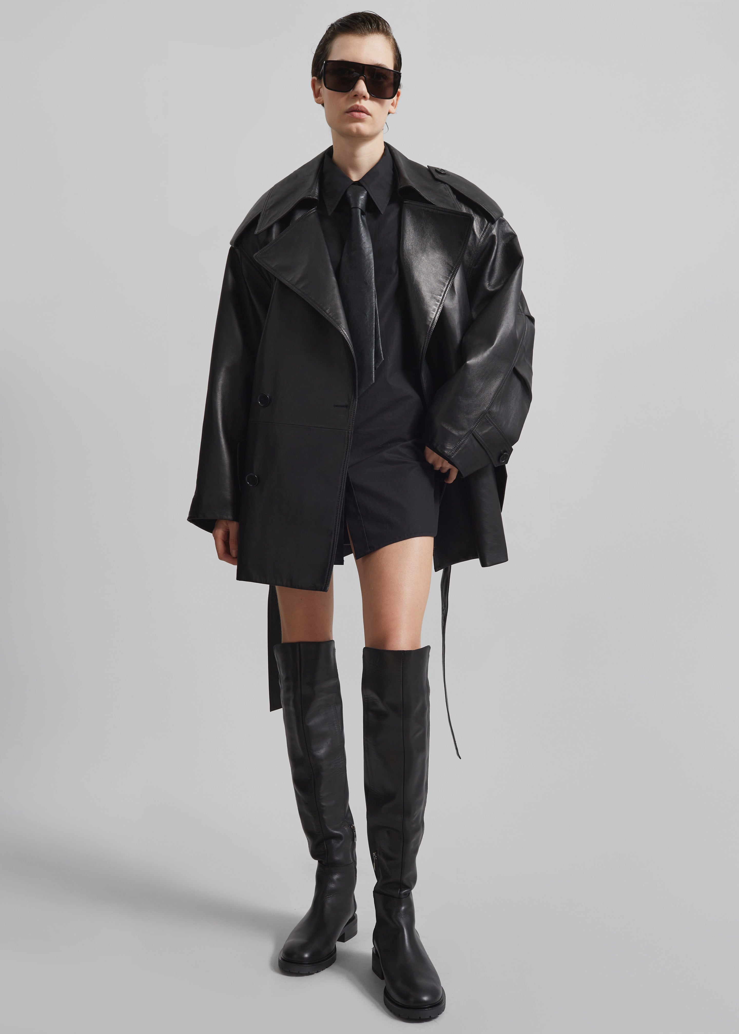Zurich Oversized Faux Leather Short Trench - Black - 5