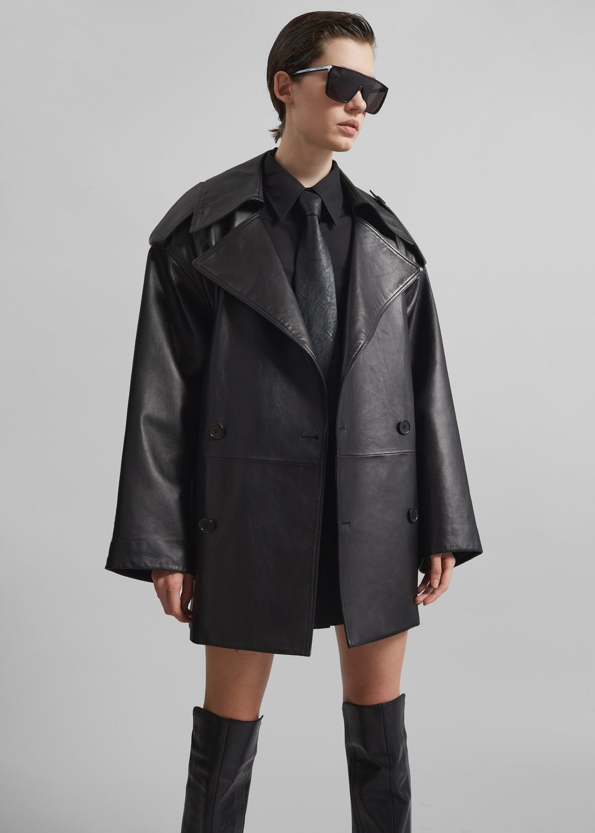 Zurich Oversized Faux Leather Short Trench - Black - 6