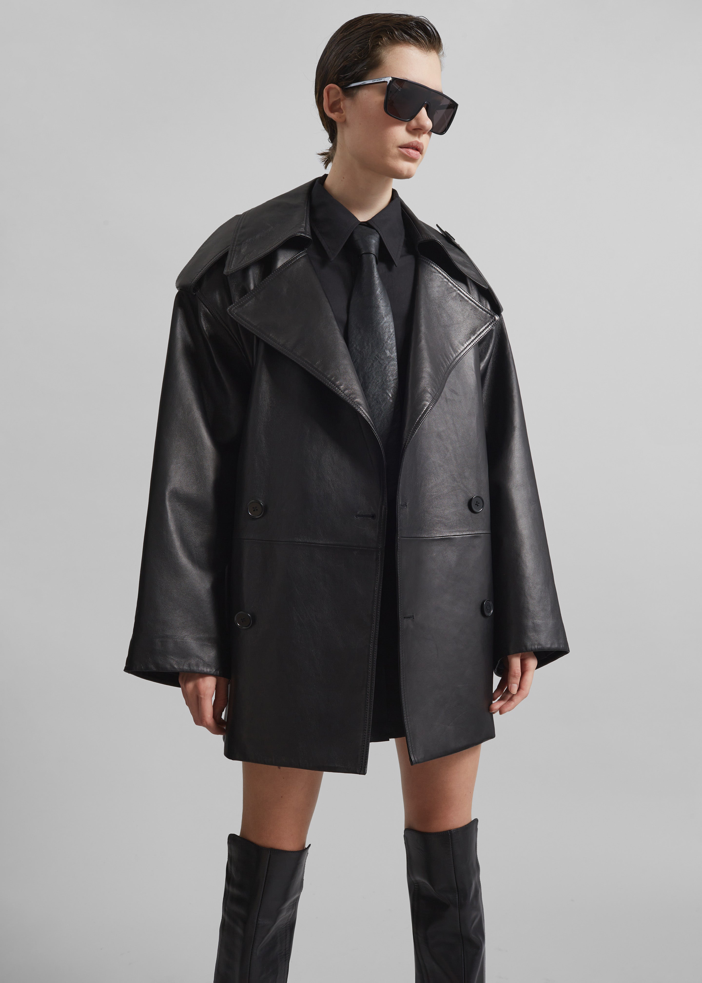 Zurich Oversized Faux Leather Short Trench - Black - 6