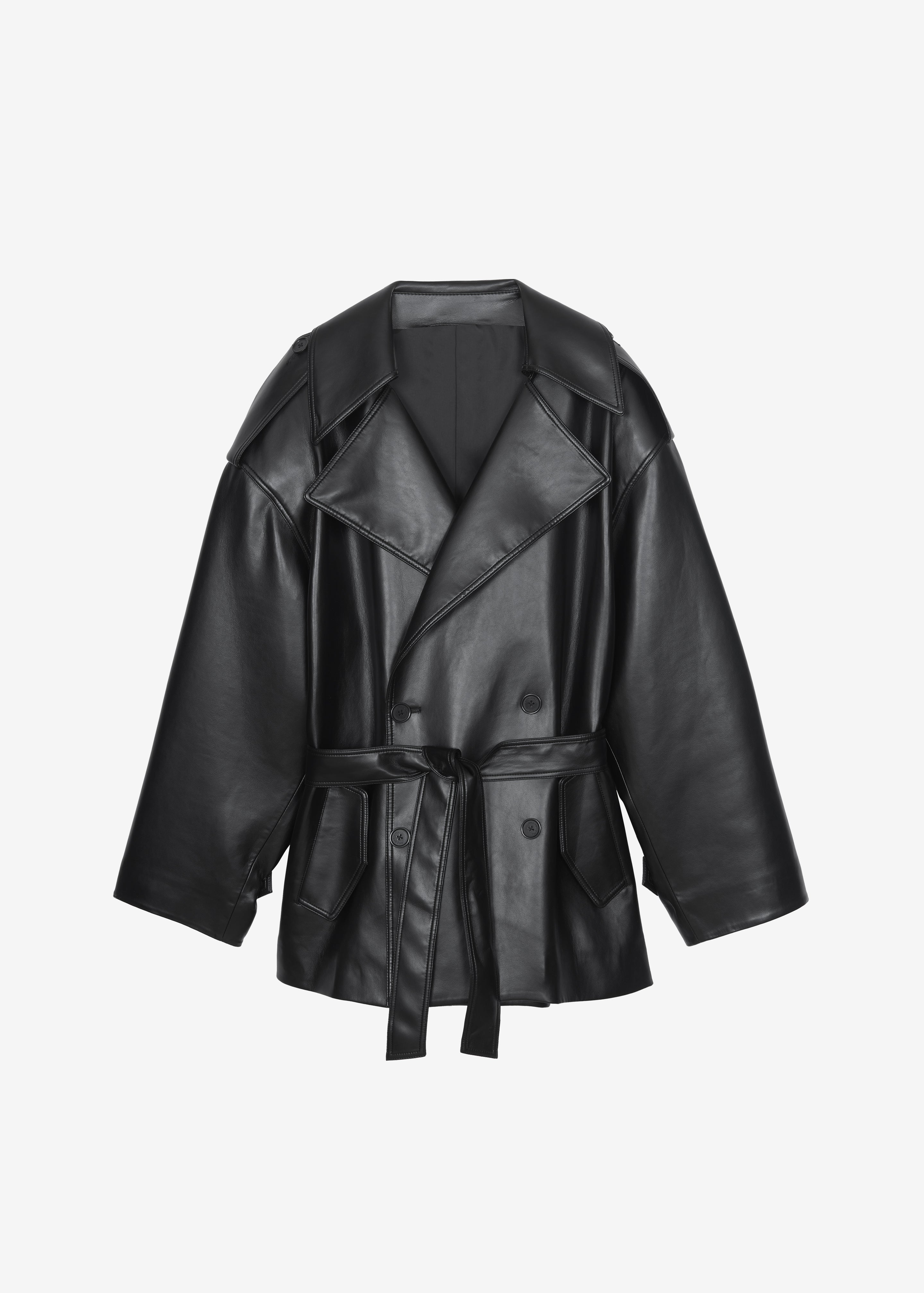 Zurich Oversized Faux Leather Short Trench - Black - 9