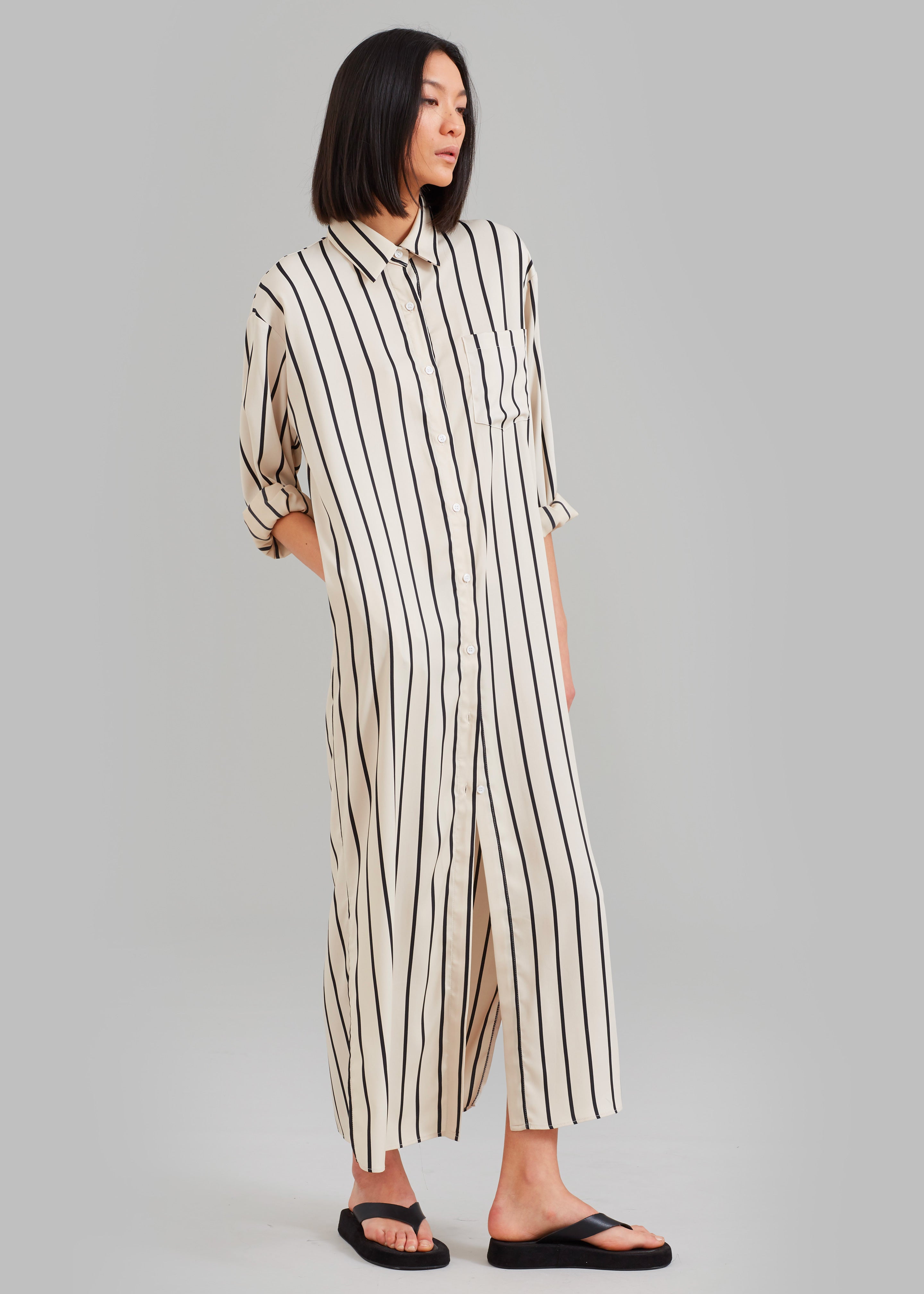 Cala Satin Shirt Dress - Black Stripe - 3