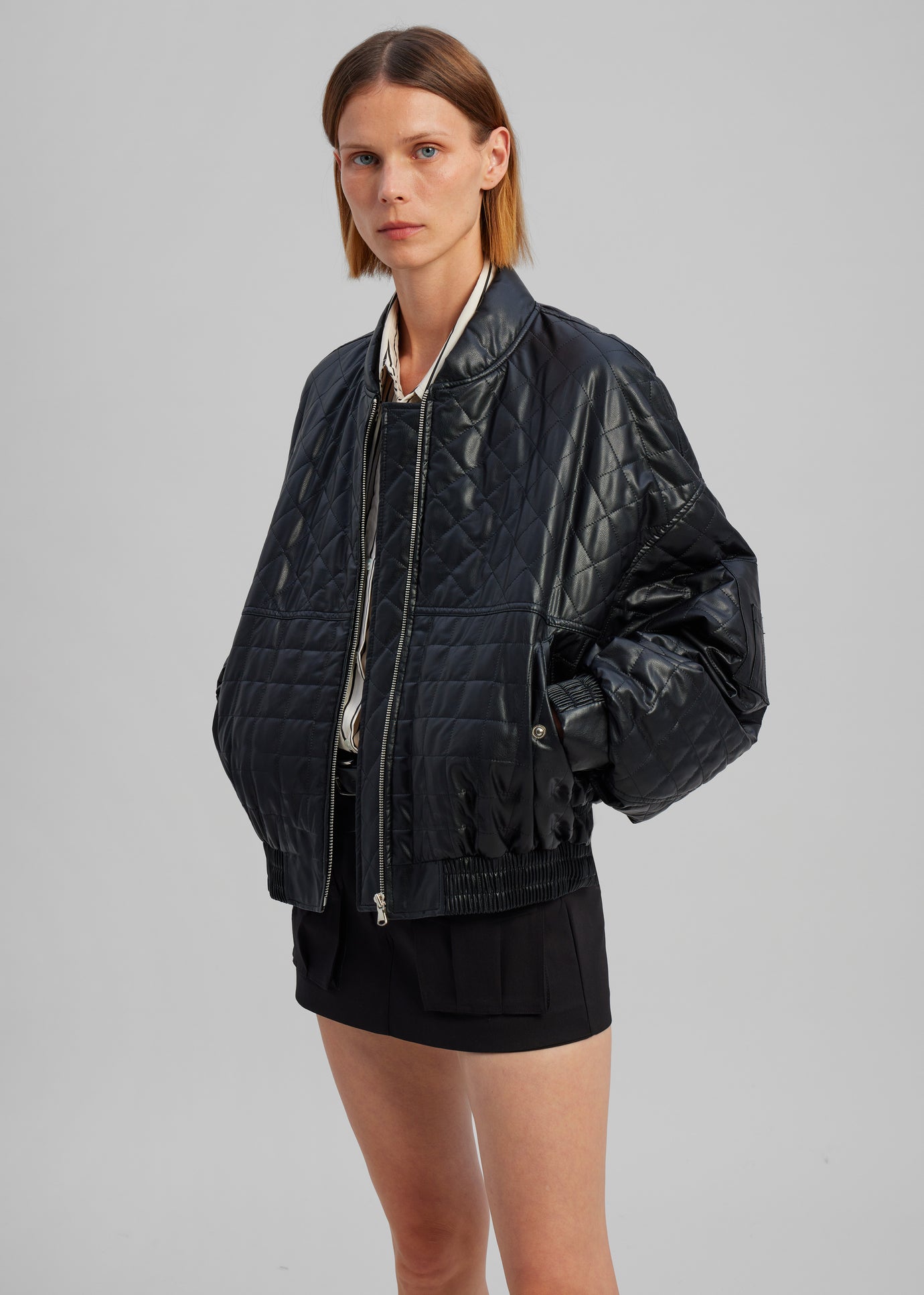 Alma Quilted Faux-Leather Bomber - Black - 1