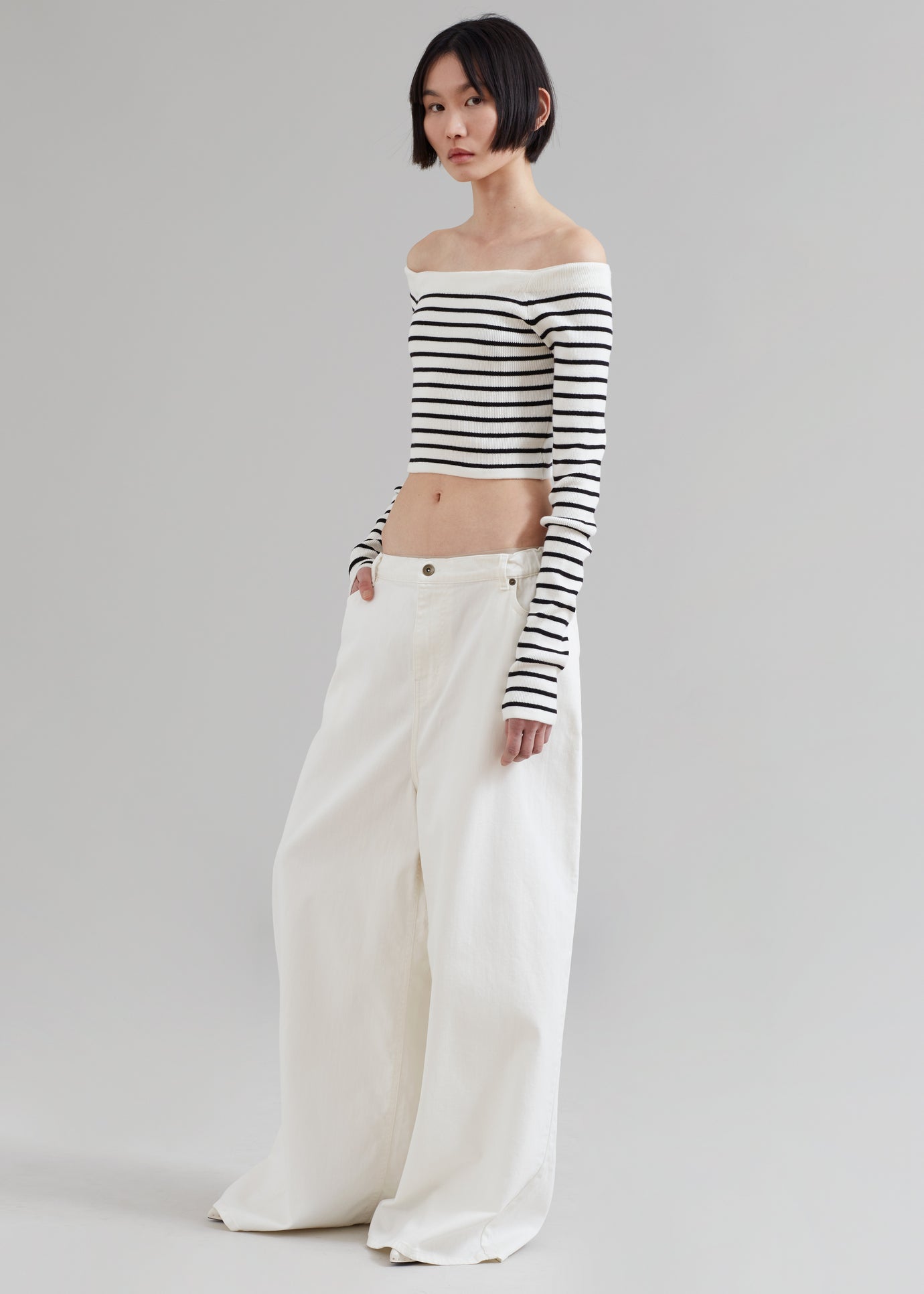 Coco White Off Shoulder Sweater - Black Stripe - 1