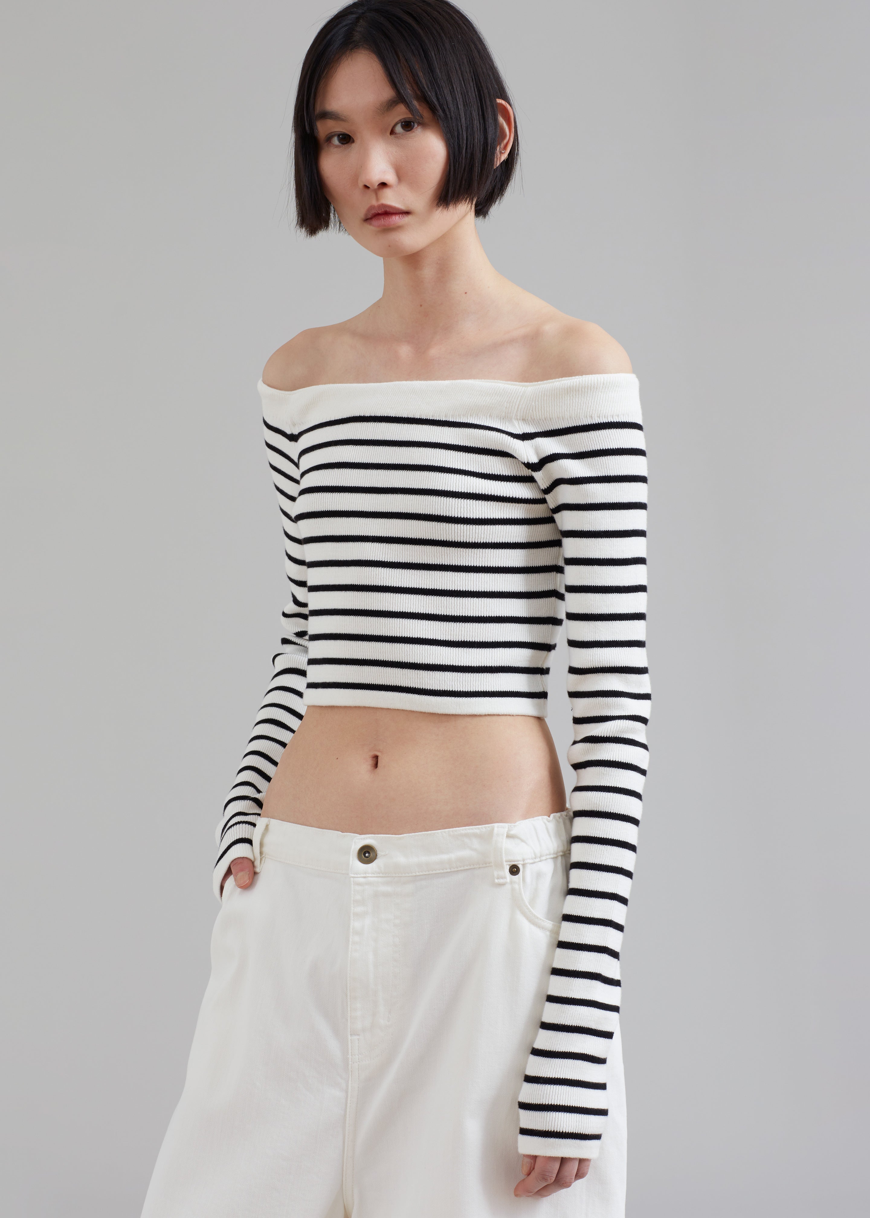 Coco White Off Shoulder Sweater - Black Stripe - 9