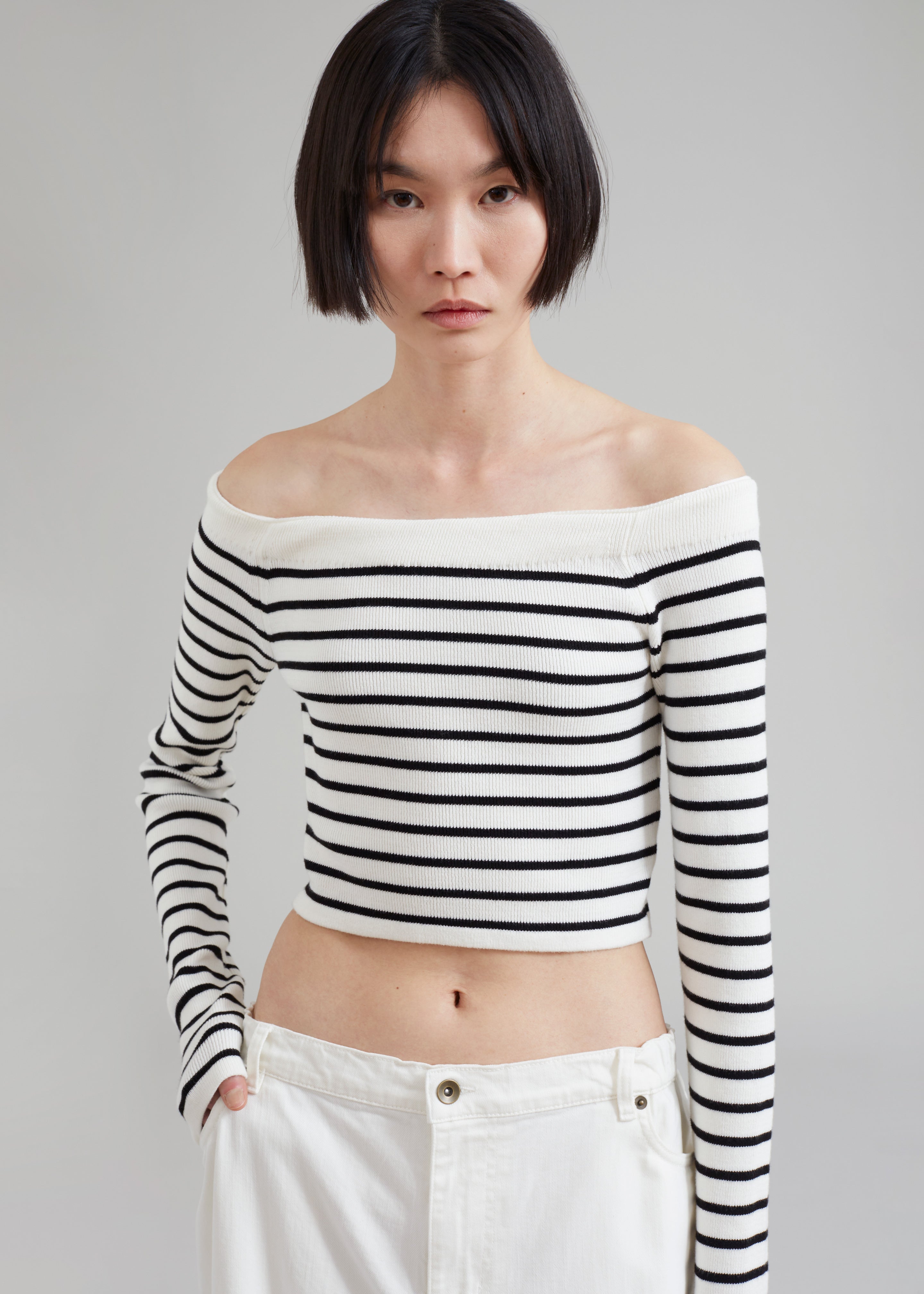 Coco White Off Shoulder Sweater - Black Stripe - 7