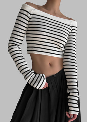 Coco White Off Shoulder Sweater - Black Stripe
